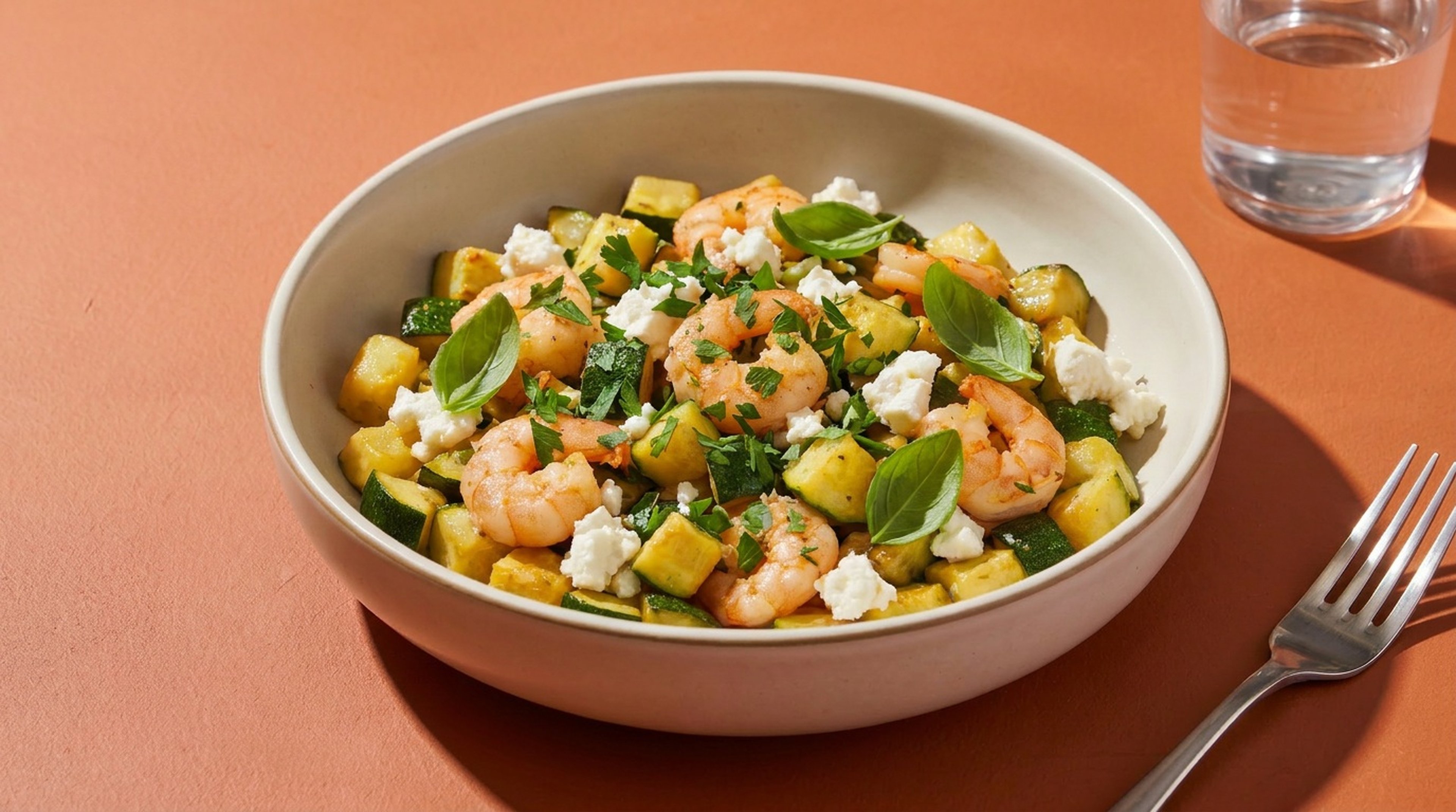 Schnelle Sommerküche mit Garnelen, Zucchini und Feta
