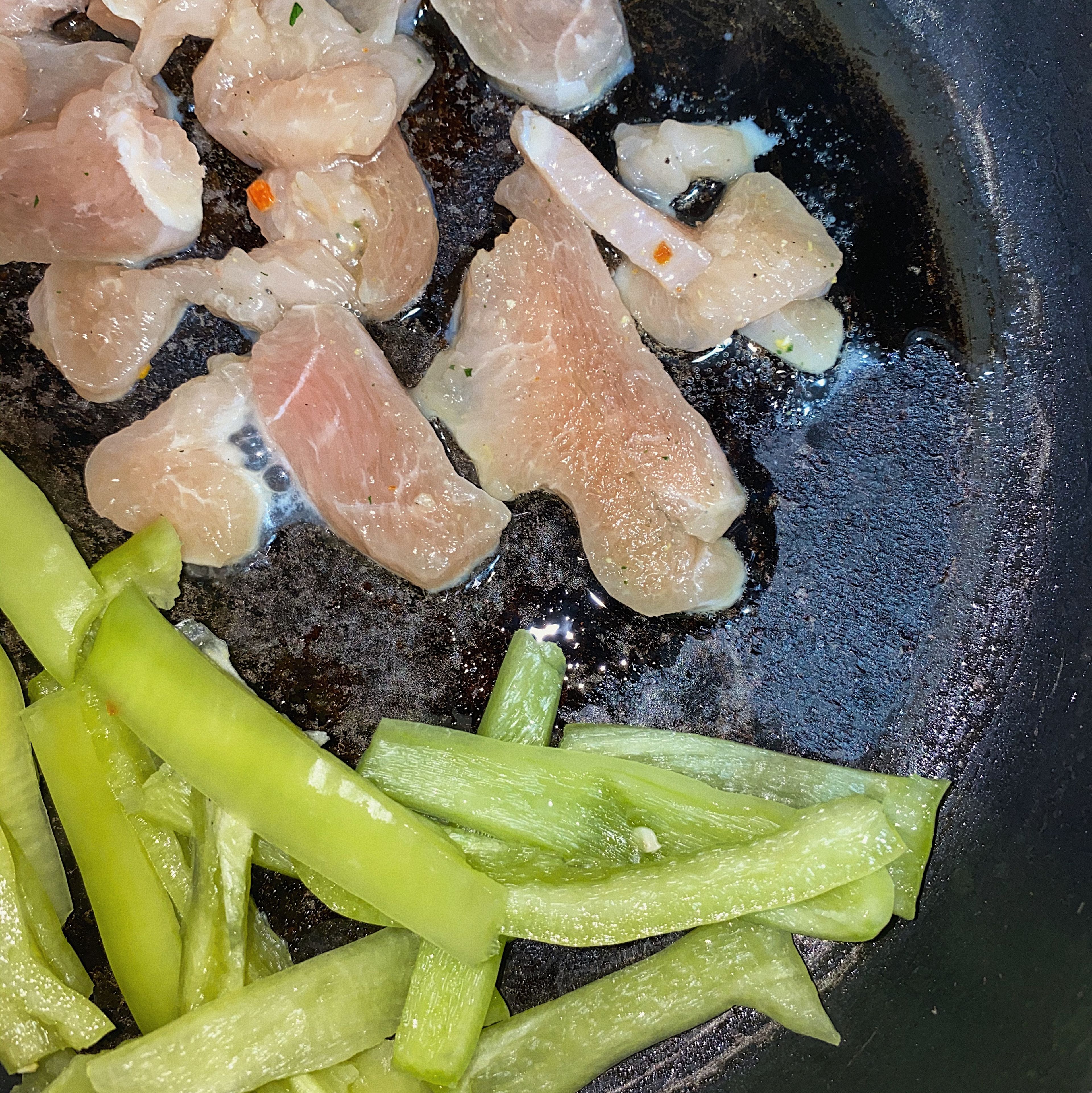 Turn your stove on the highest setting add olive oil in your frying pan and add the chicken and pepper