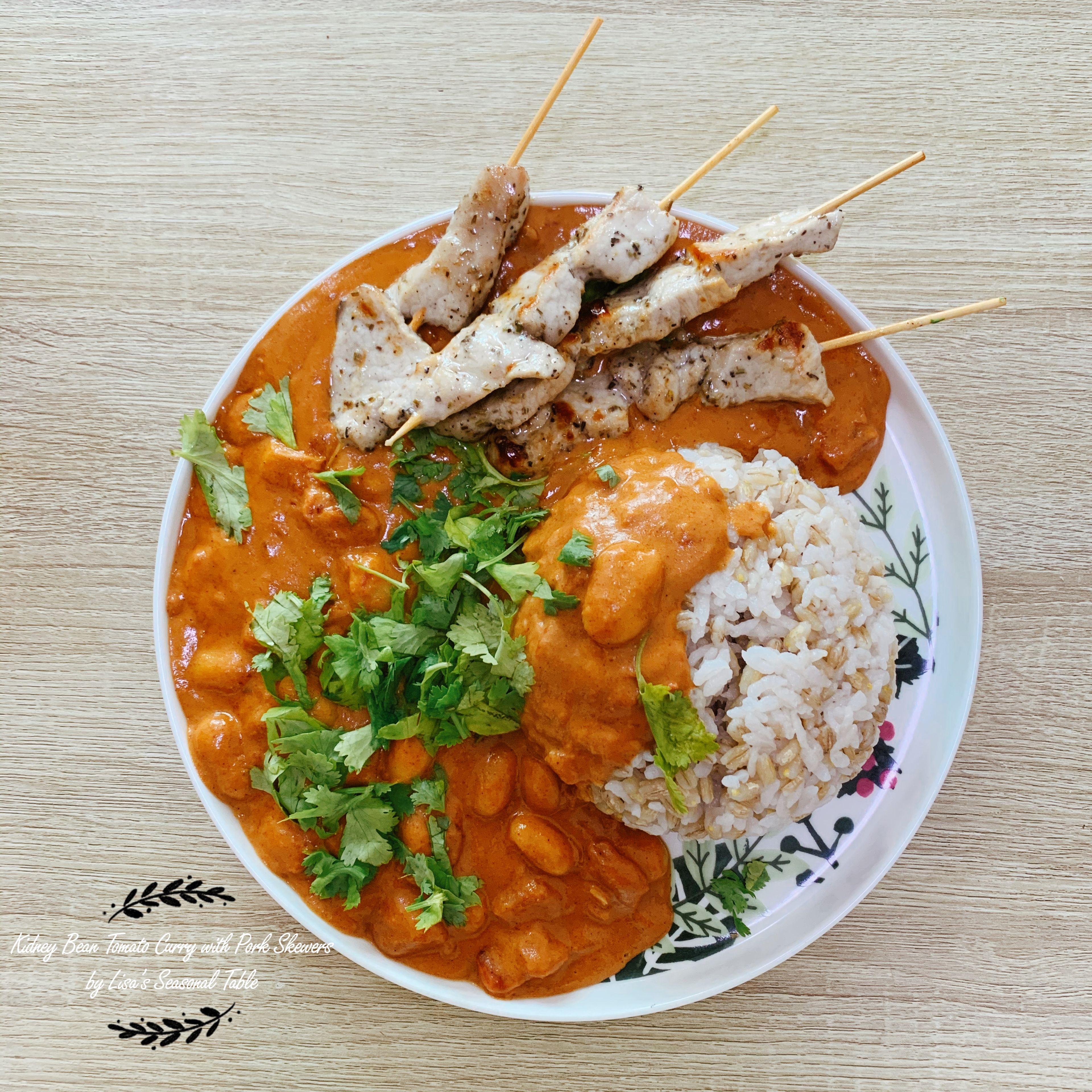 Tomato Butter Bean Curry with Pork Skewers