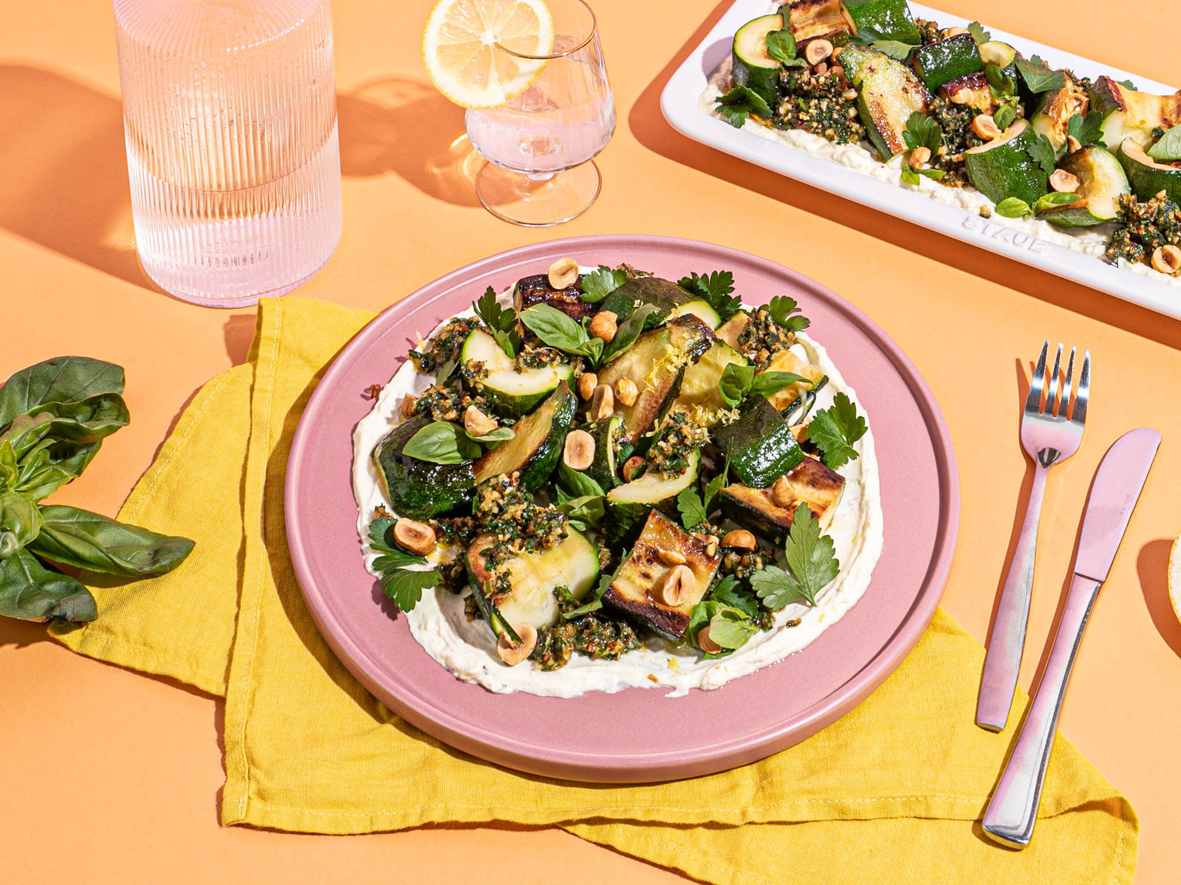 Zucchini with lemony ricotta and herby pesto