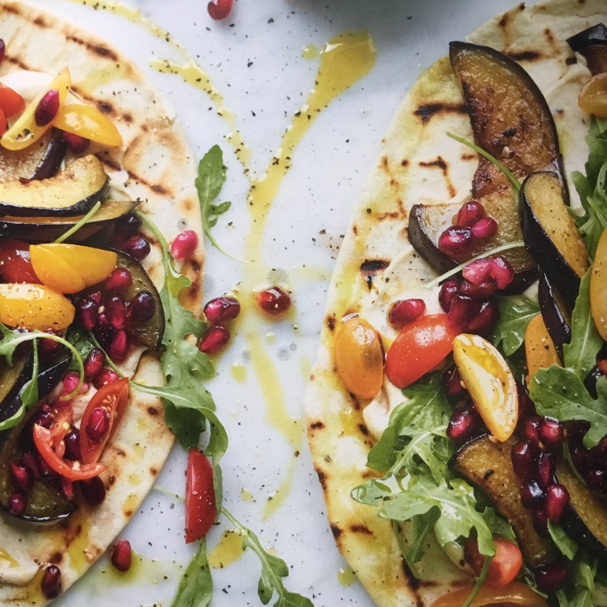 Fried Aubergine, Pomegranate and Hummus Flatbreads Recipe Kitchen