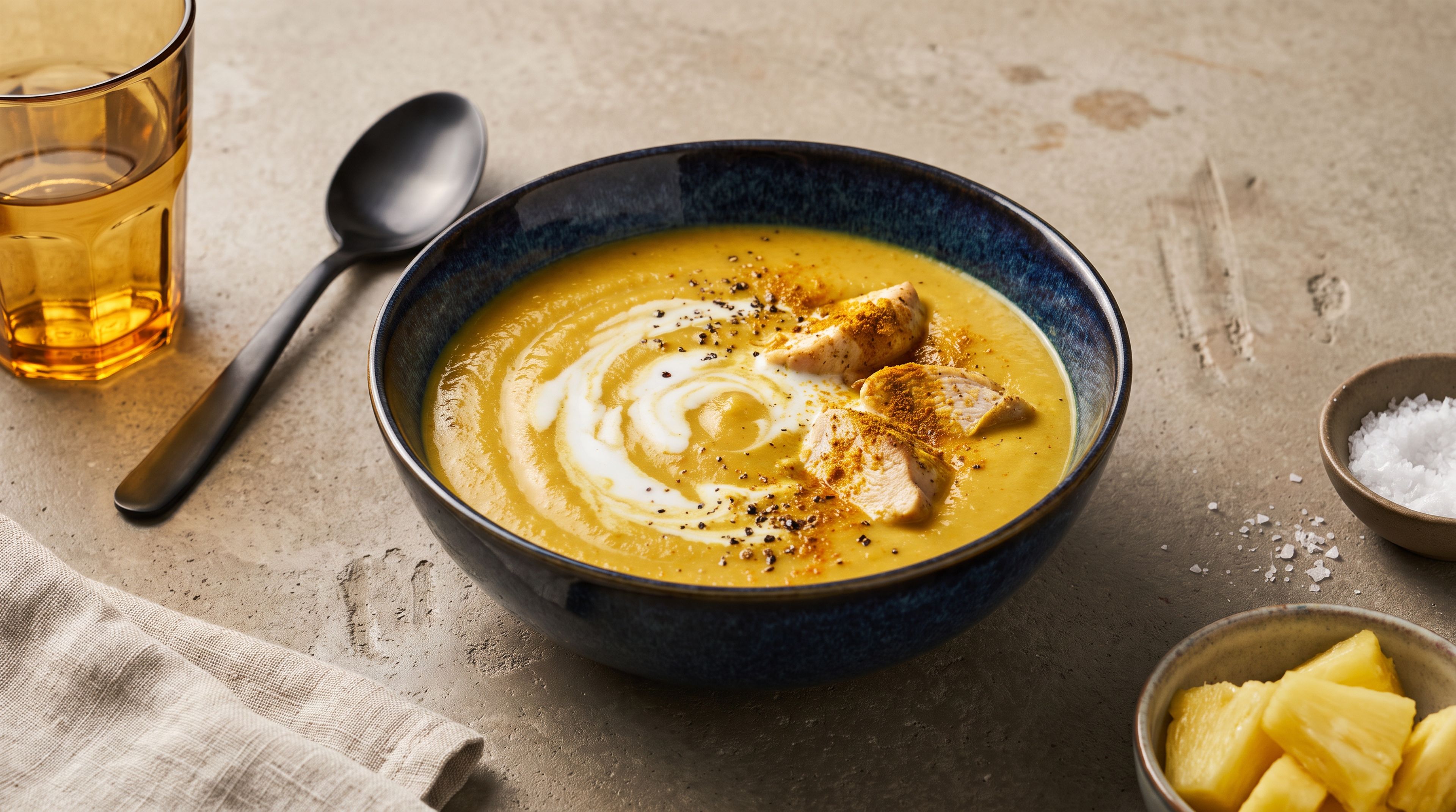 Cremige indische Obstsuppe mit frischen Früchten und Curry