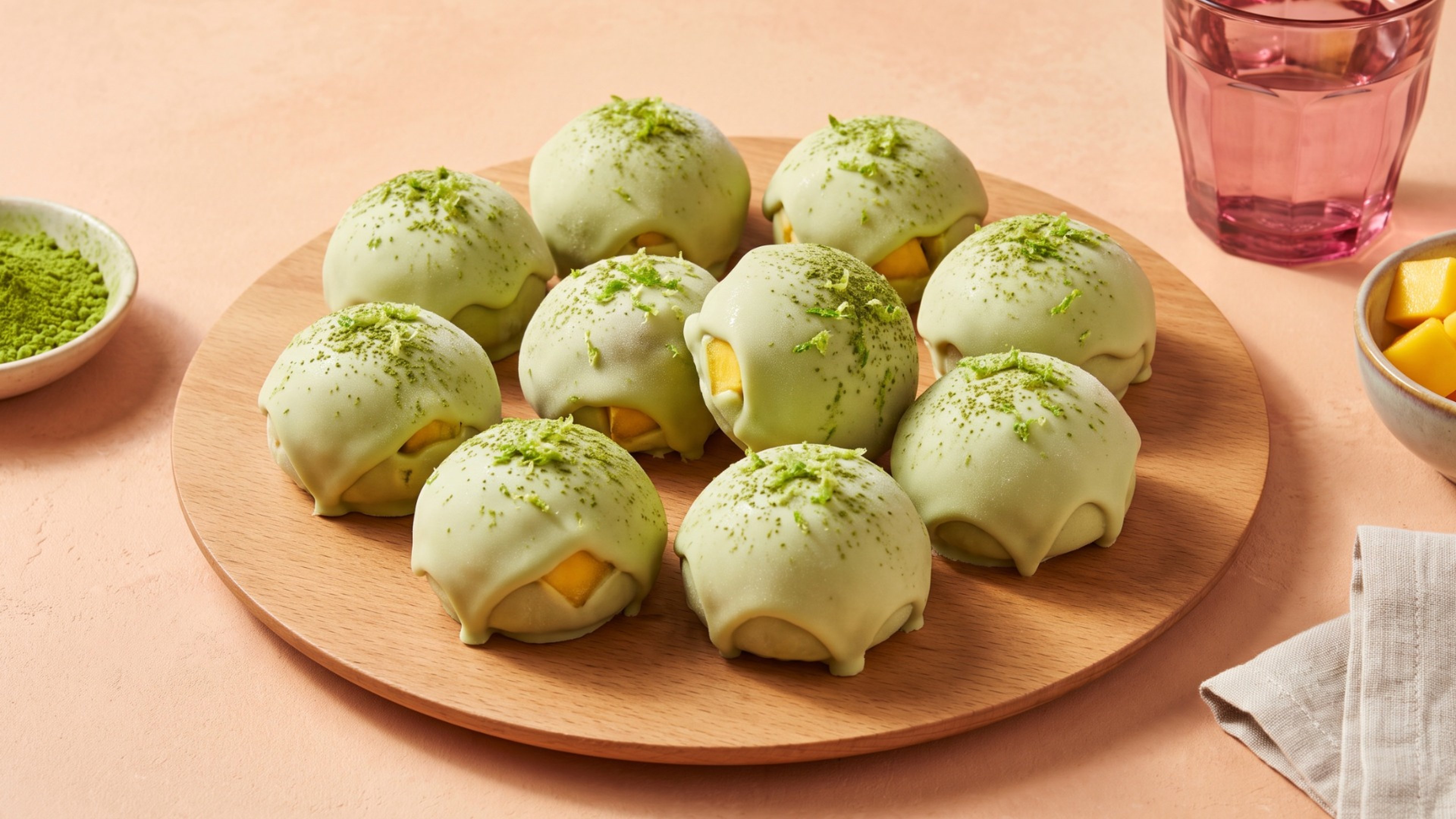 Eisgekühlte Matcha-Mango-Joghurt-Bites mit weißer Schokolade