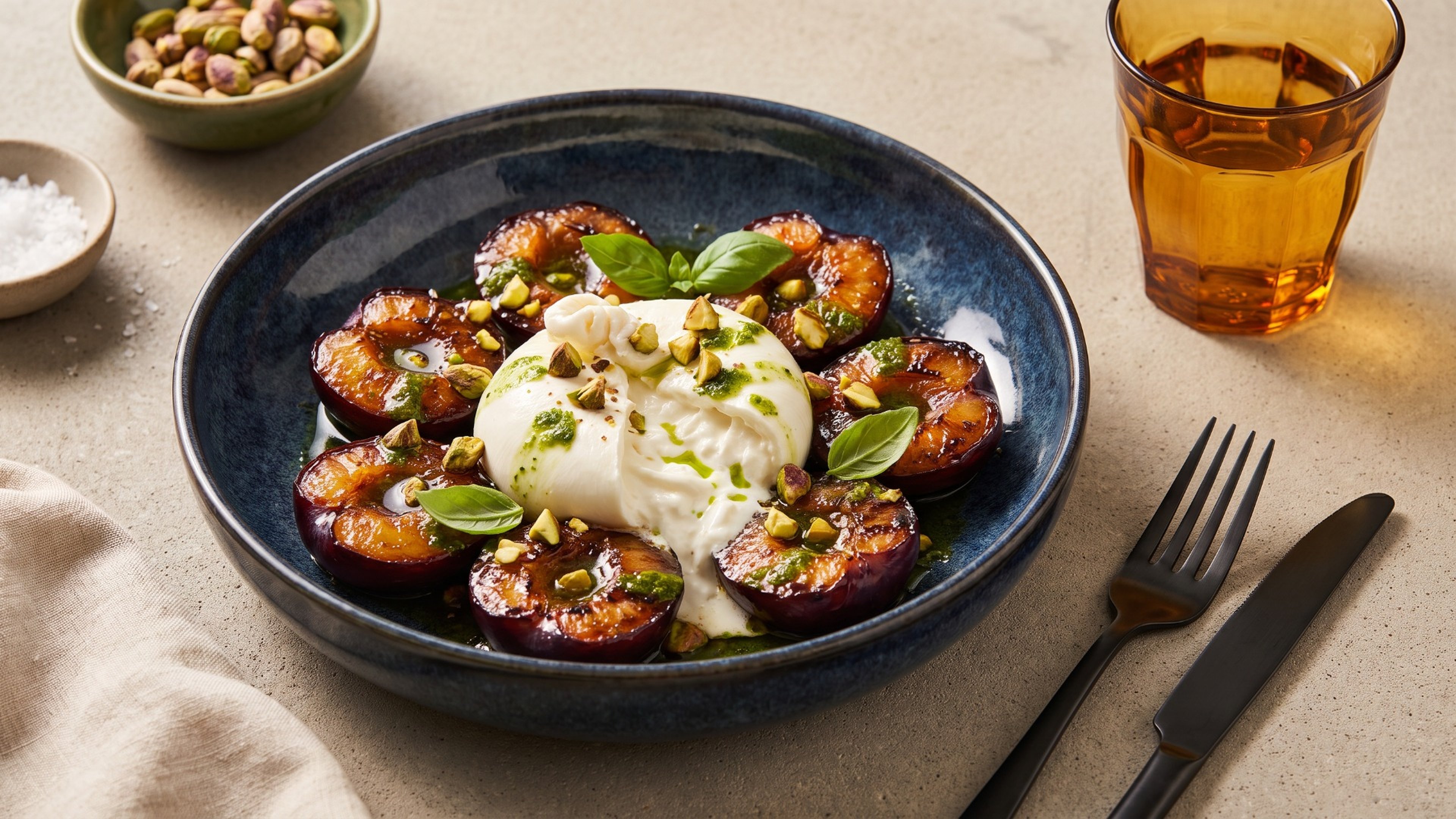Gebratene Pflaumen mit cremiger Burrata und Pistazien