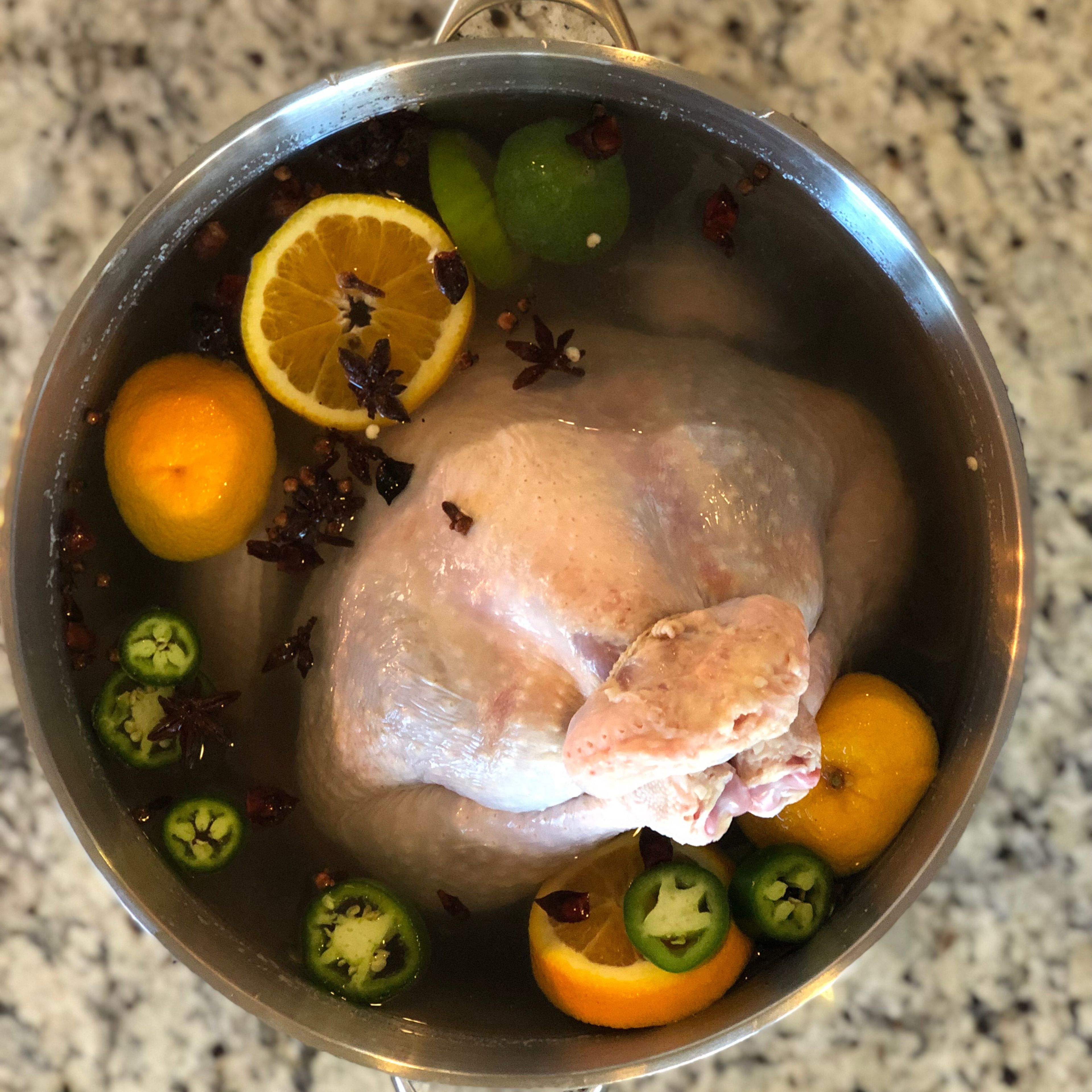 Move the brining base to a container that will hold the turkey and add the turkey to the brining base, add extra water until the turkey is completely submerged and put in the refrigerator for approximately 8 - 24 hours before cooking.