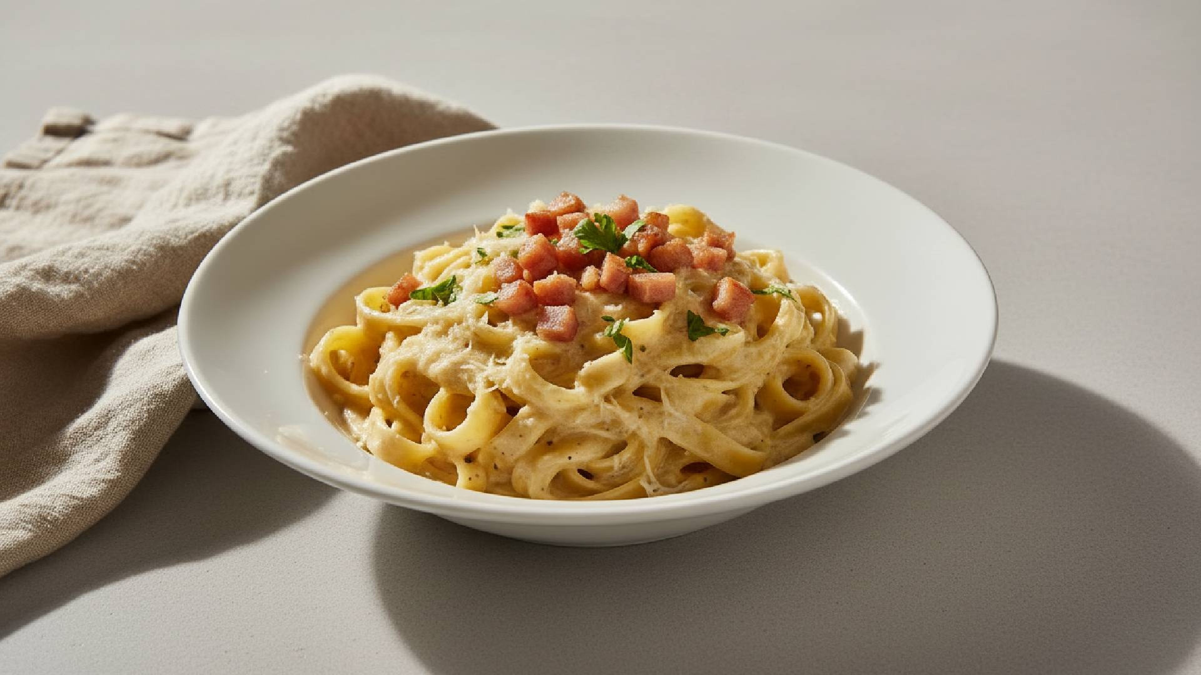 Schnelle Pasta: cremige Béchamelsoße trifft auf knusprigen Speck