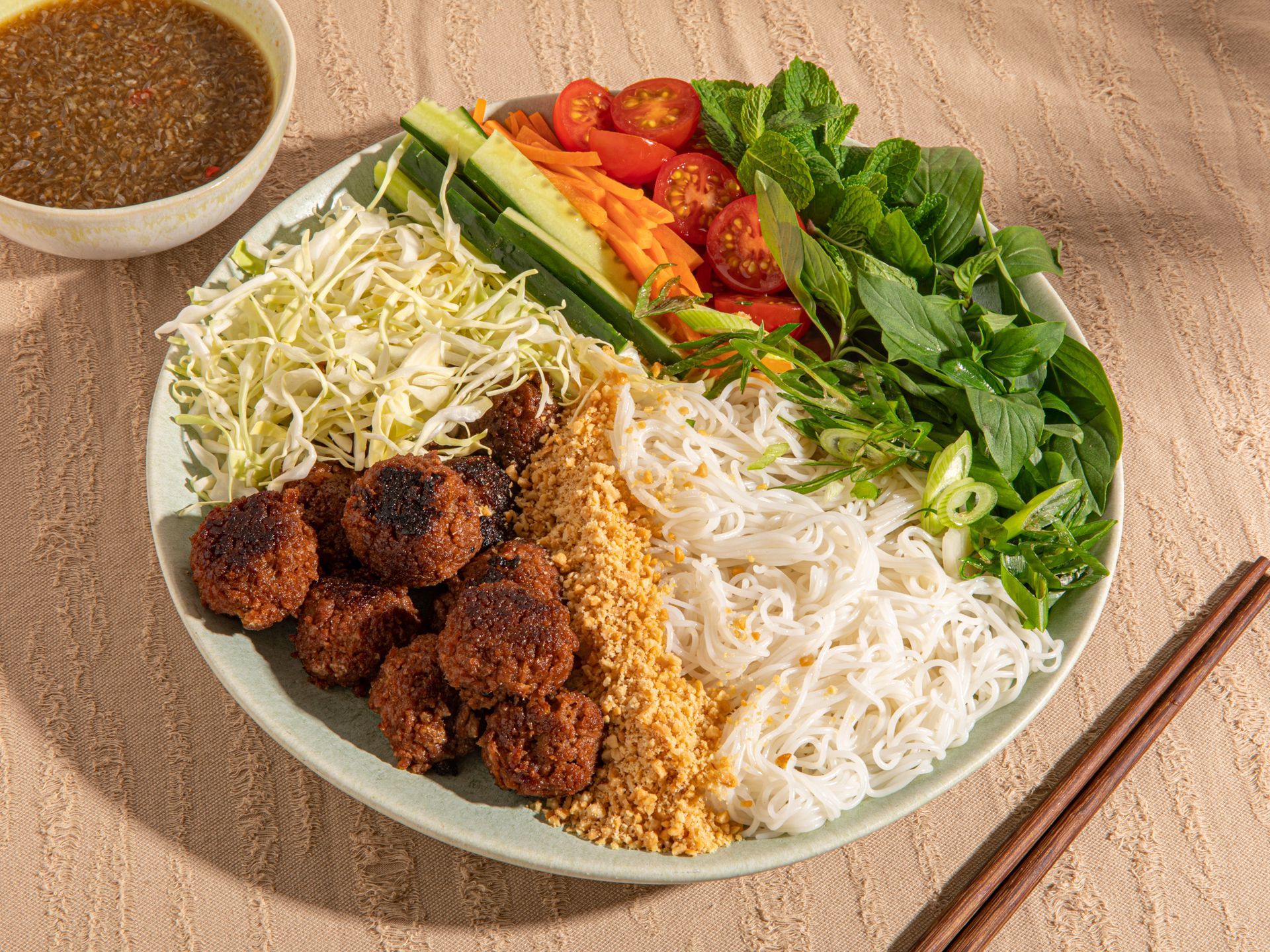 Rice noodle salad with vegan lemongrass meatballs
