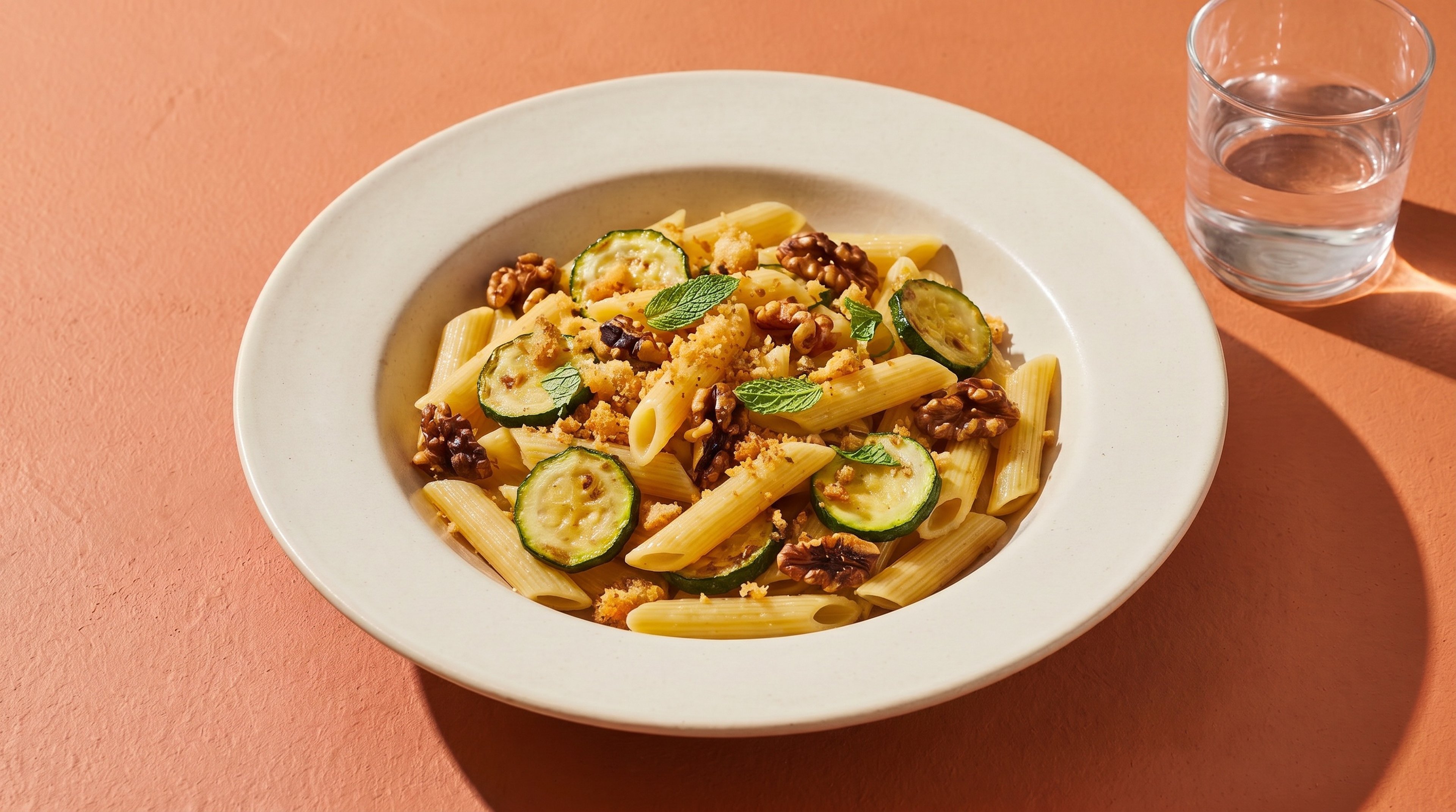 Sommerliche Penne mit gerösteten Zucchini, Walnüssen und Minze