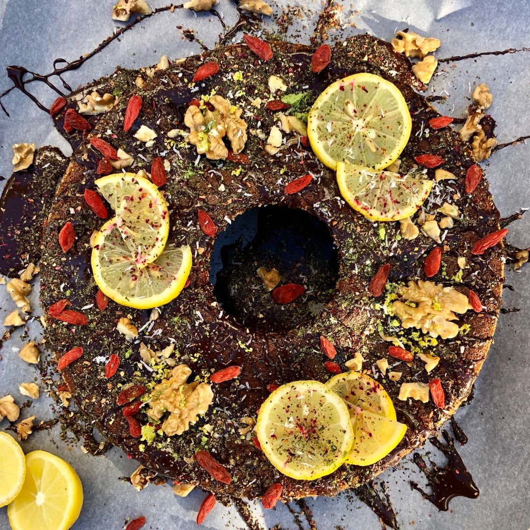 Süßkartoffel- Zitronenkuchen mit Schokoglasur