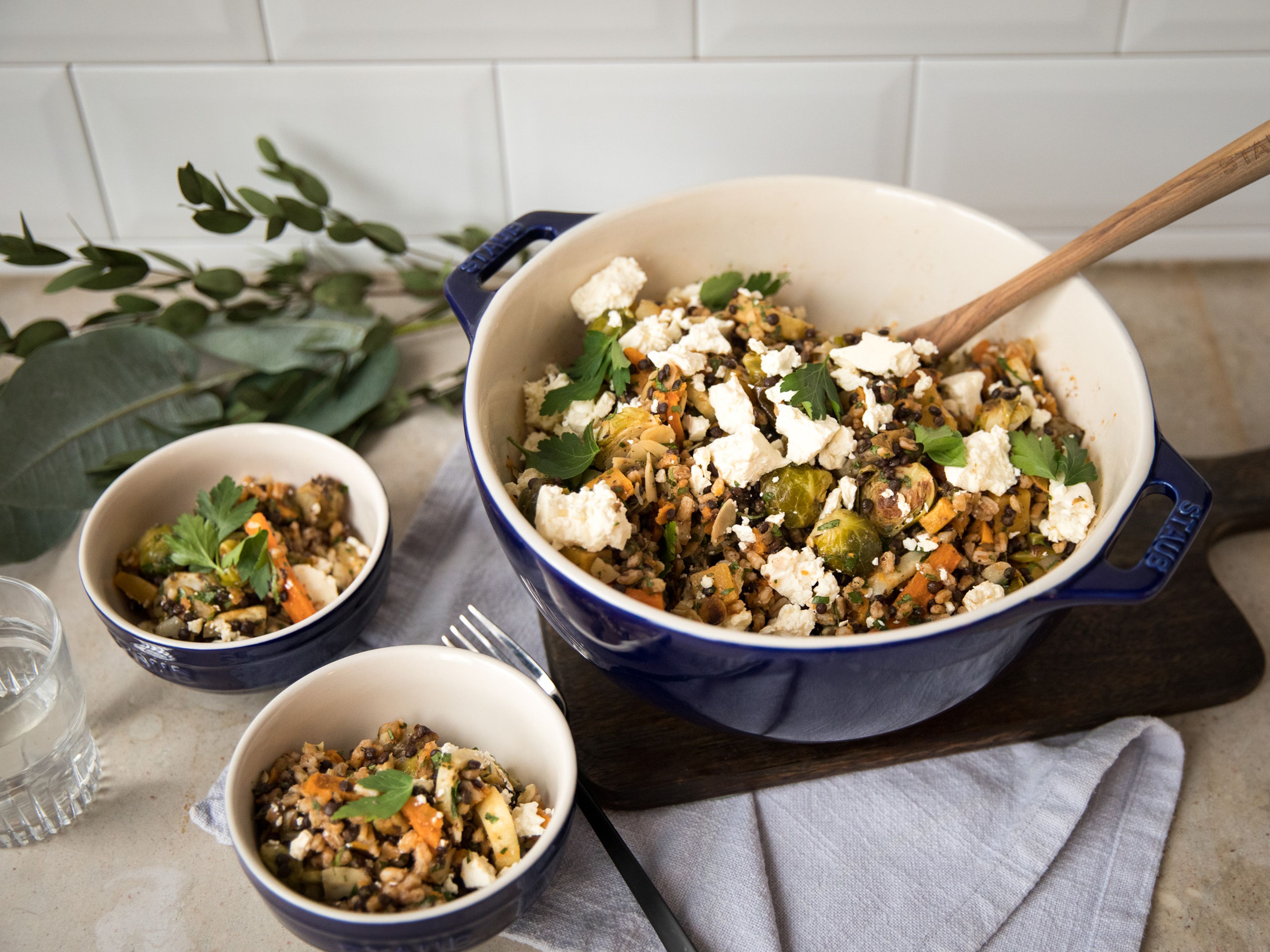 Lentil salad with roasted vegetables and feta cheese
