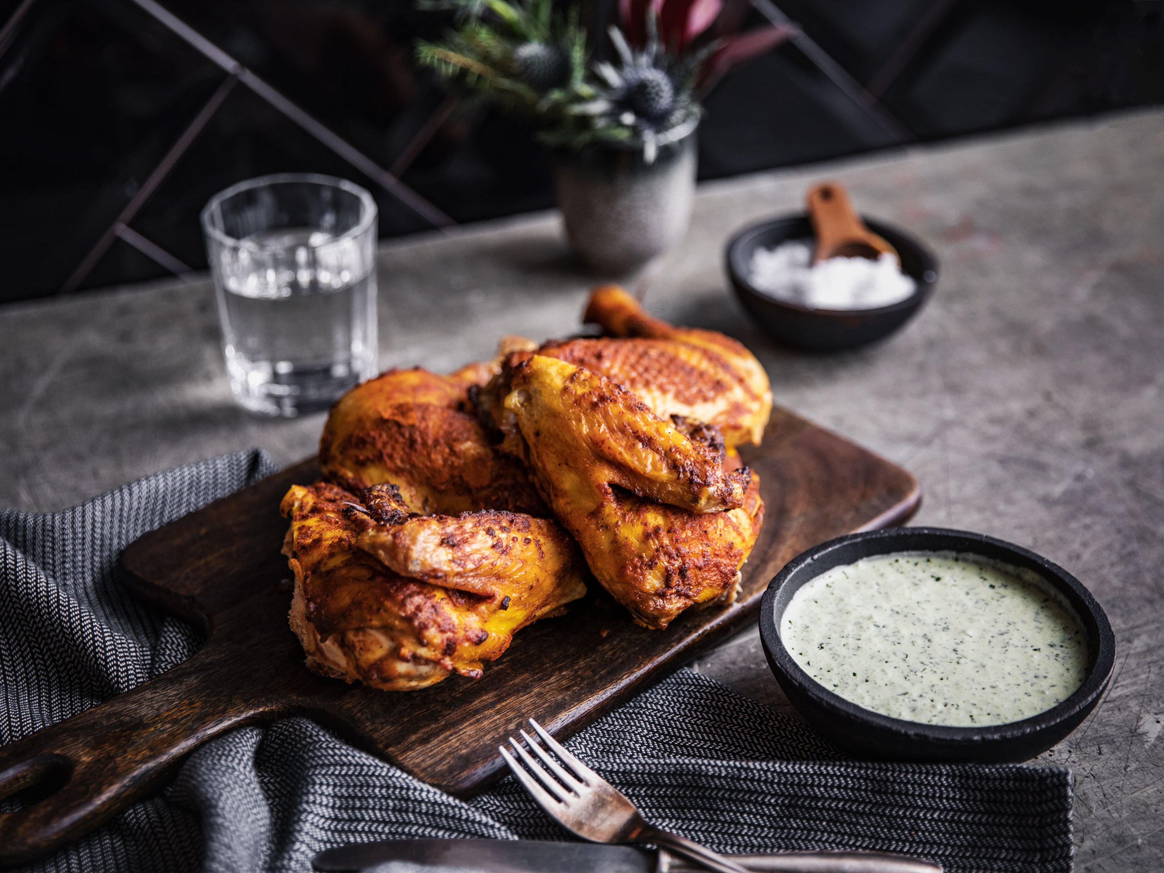 Peruvian-style roast chicken with green sauce