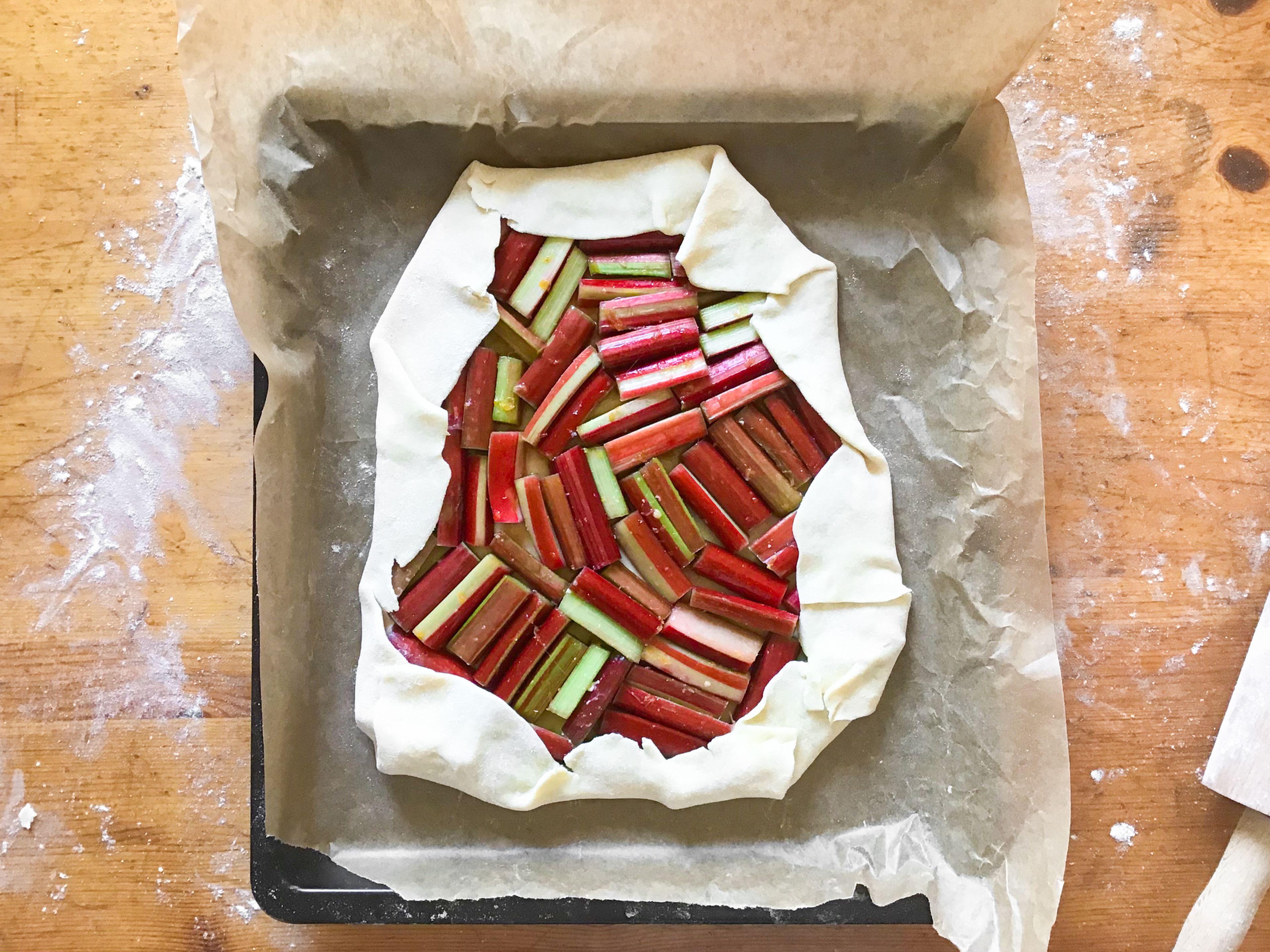 Now fold the edges of the dough over the rhubarb and crimp. The galette can look rustic and doesn’t need to have fussy clean edges.