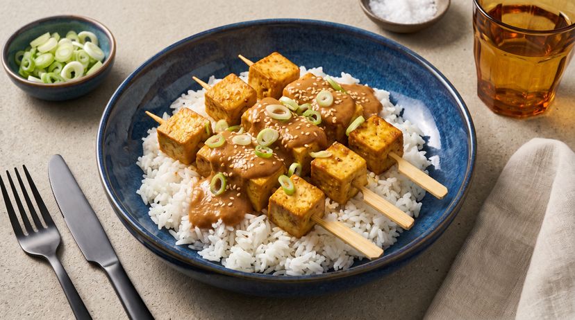 Hausgemachte Tofu-Satéspieße mit cremiger Erdnusssoße