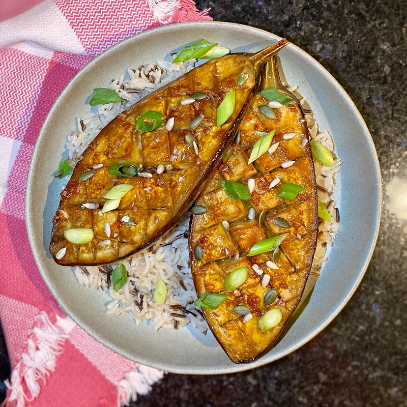 marmite glazed aubergine with wild rice