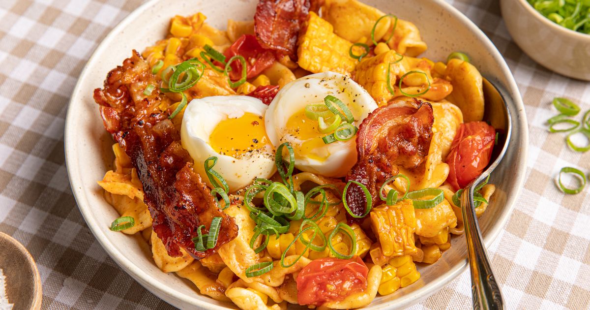 Orecchiette with sweet corn, crispy bacon, and soft eggs Recipe