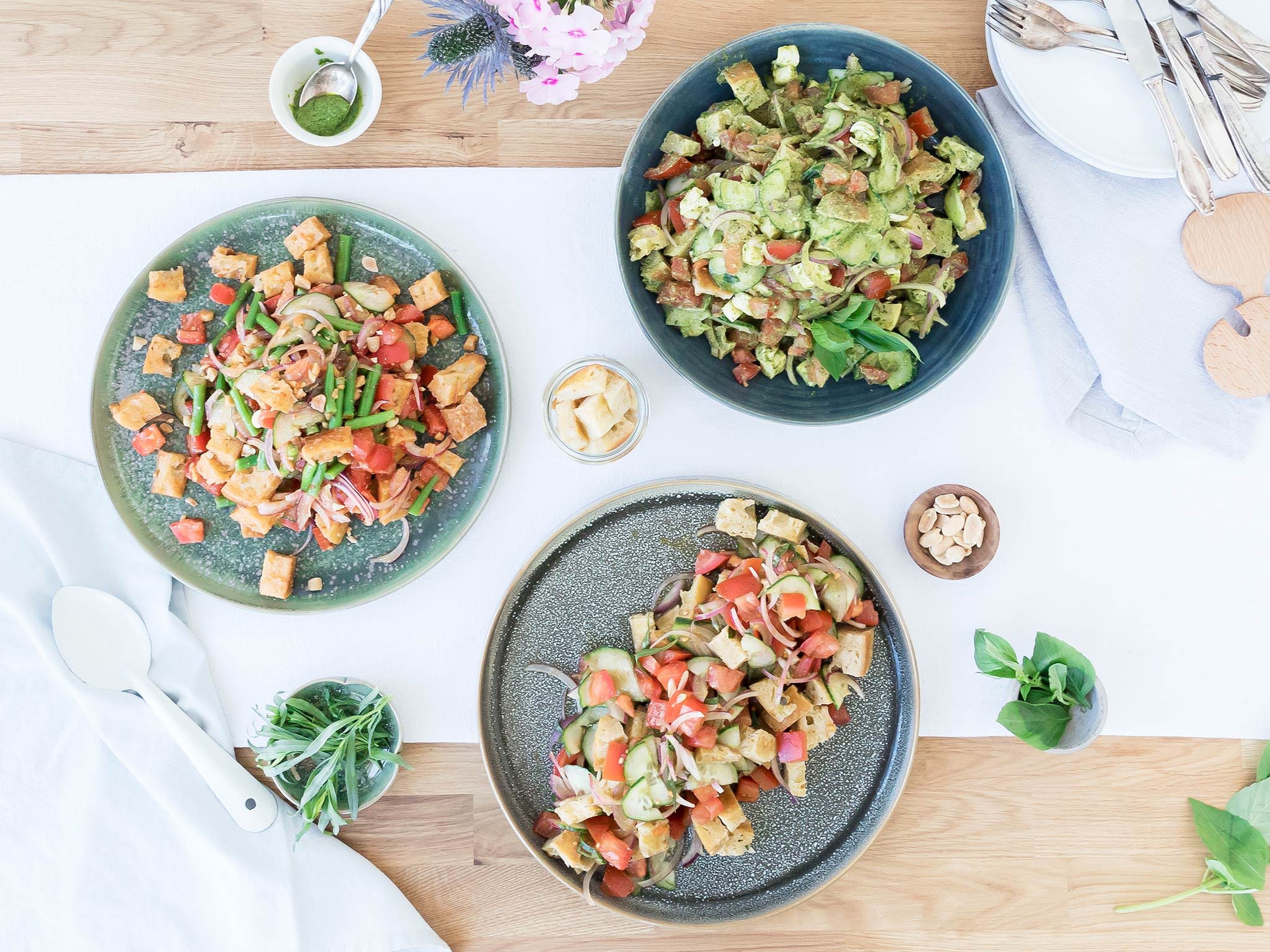 Panzanella salad, dressed 3 ways