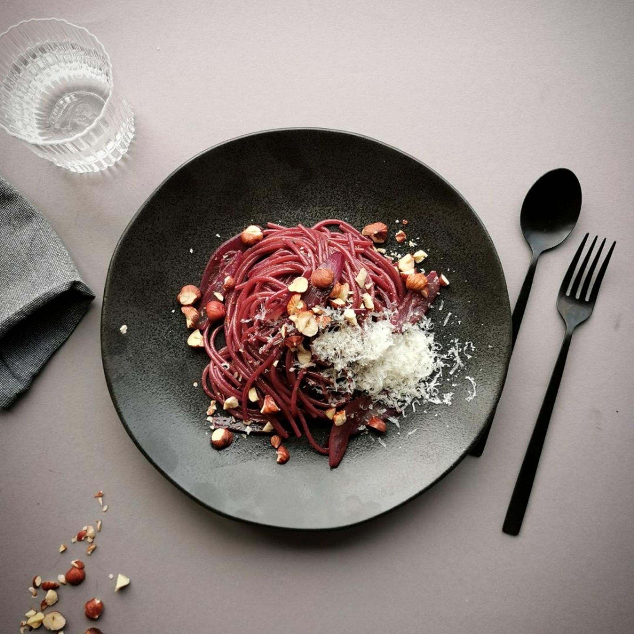 Red wine pasta with parmesan & hazelnuts