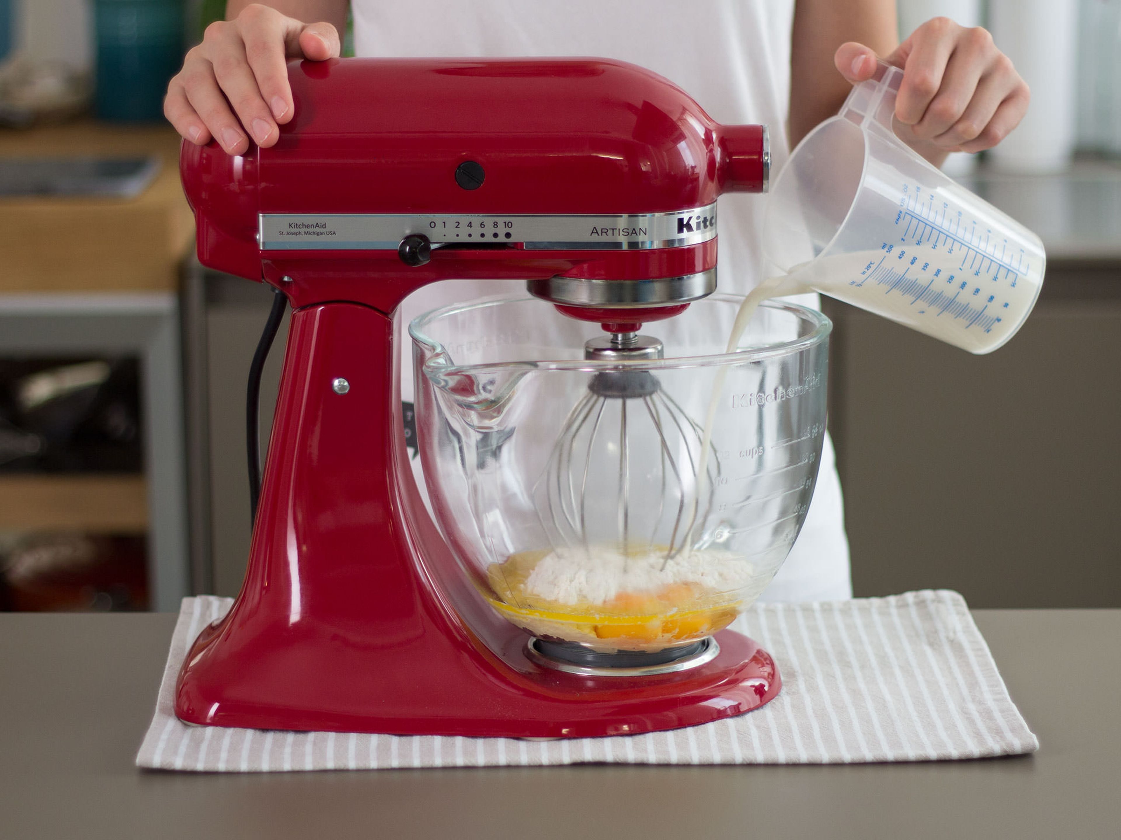 In a stand mixer, beat together the flour, eggs, butter, salt, and milk for approx. 3 – 5 min. until a smooth, even batter forms. Cover  bowl and transfer to fridge for approx. 1 hr.