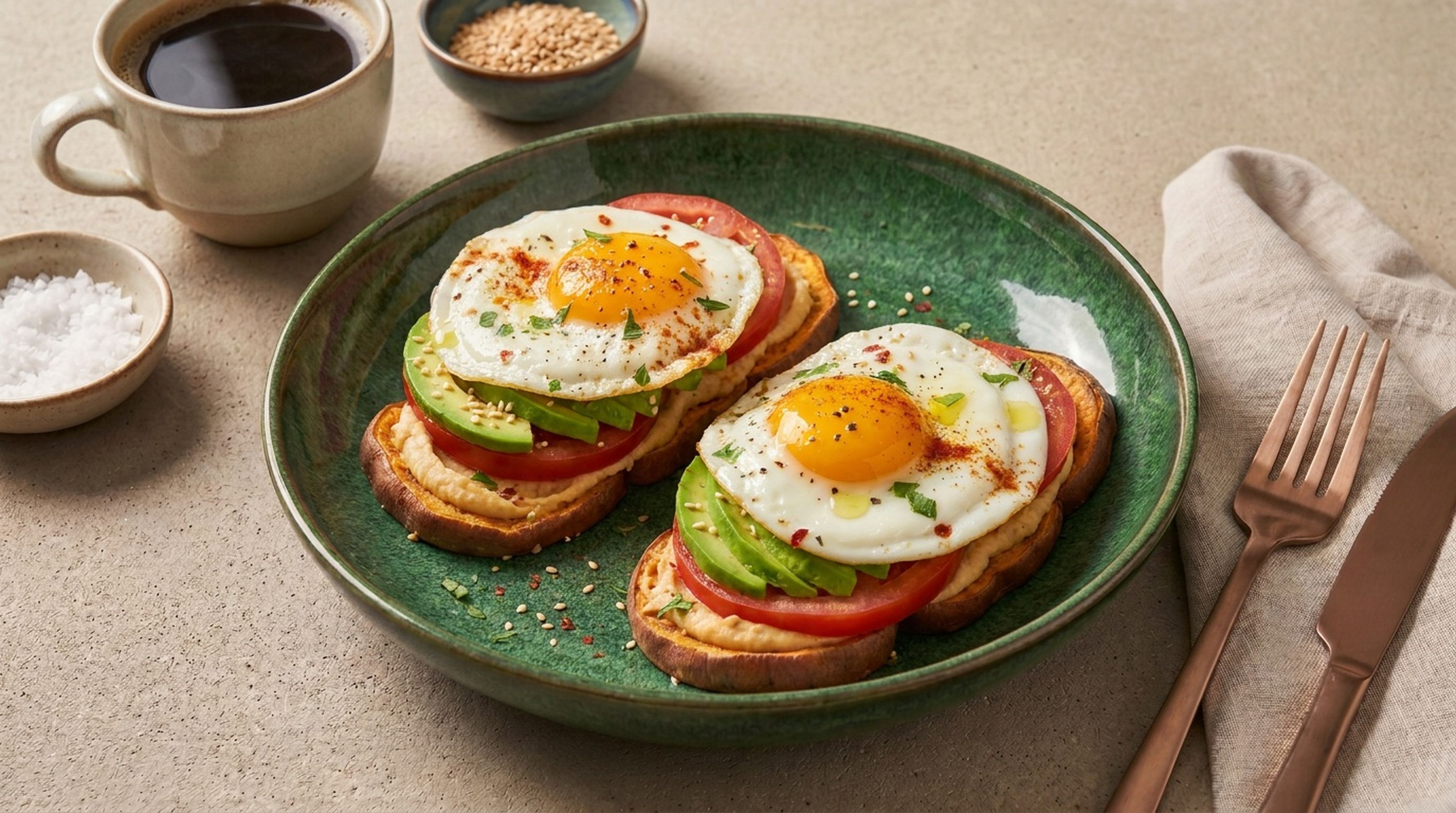 Ersetze dein Toastbrot durch Süßkartoffel: Belegt wird mit Hummus, Avocado und Spiegelei