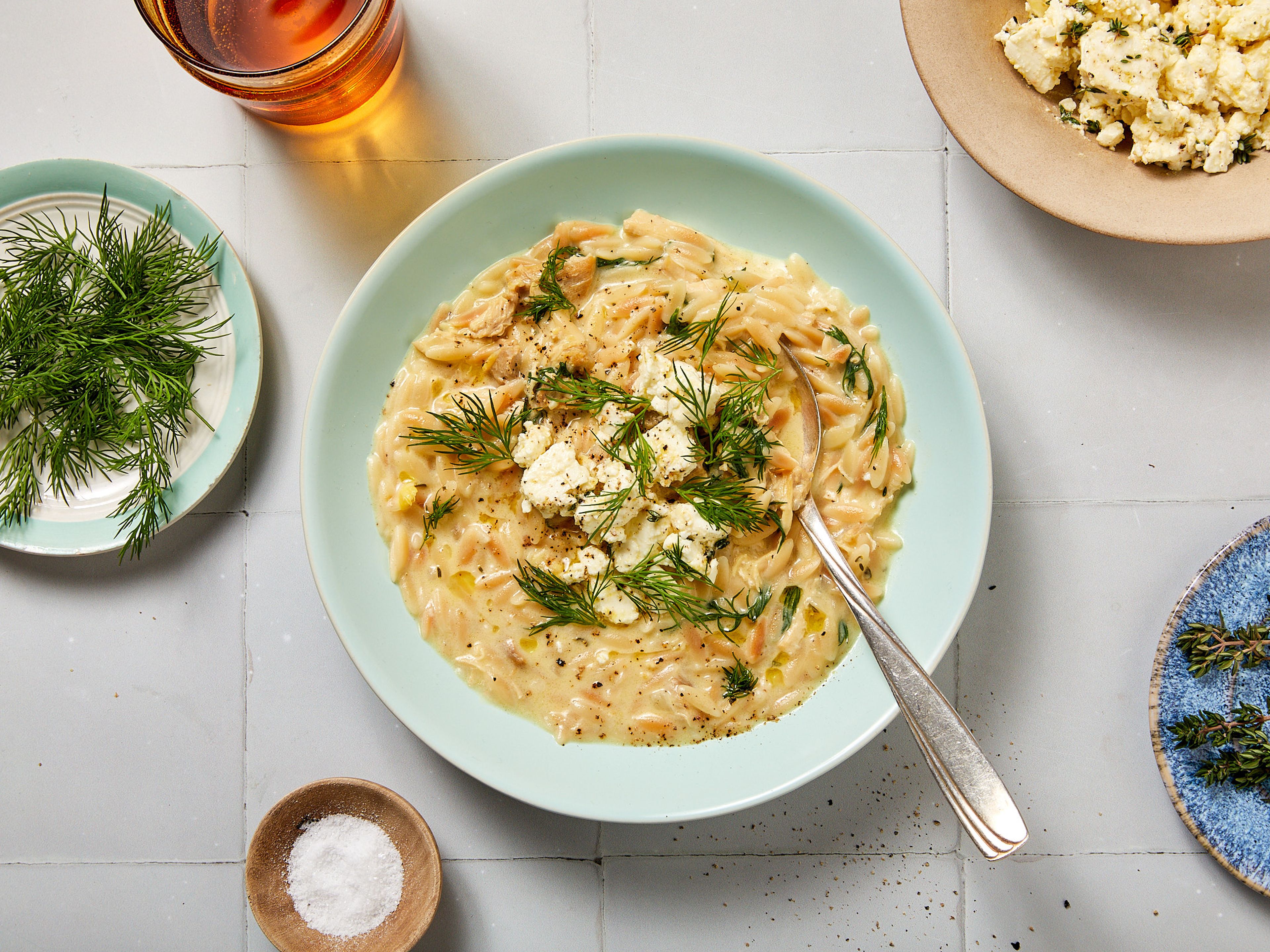 Avgolemono with orzo & feta (Greek lemon and egg soup)