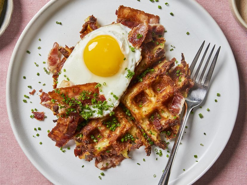 Cheesy potato waffles with bacon and egg