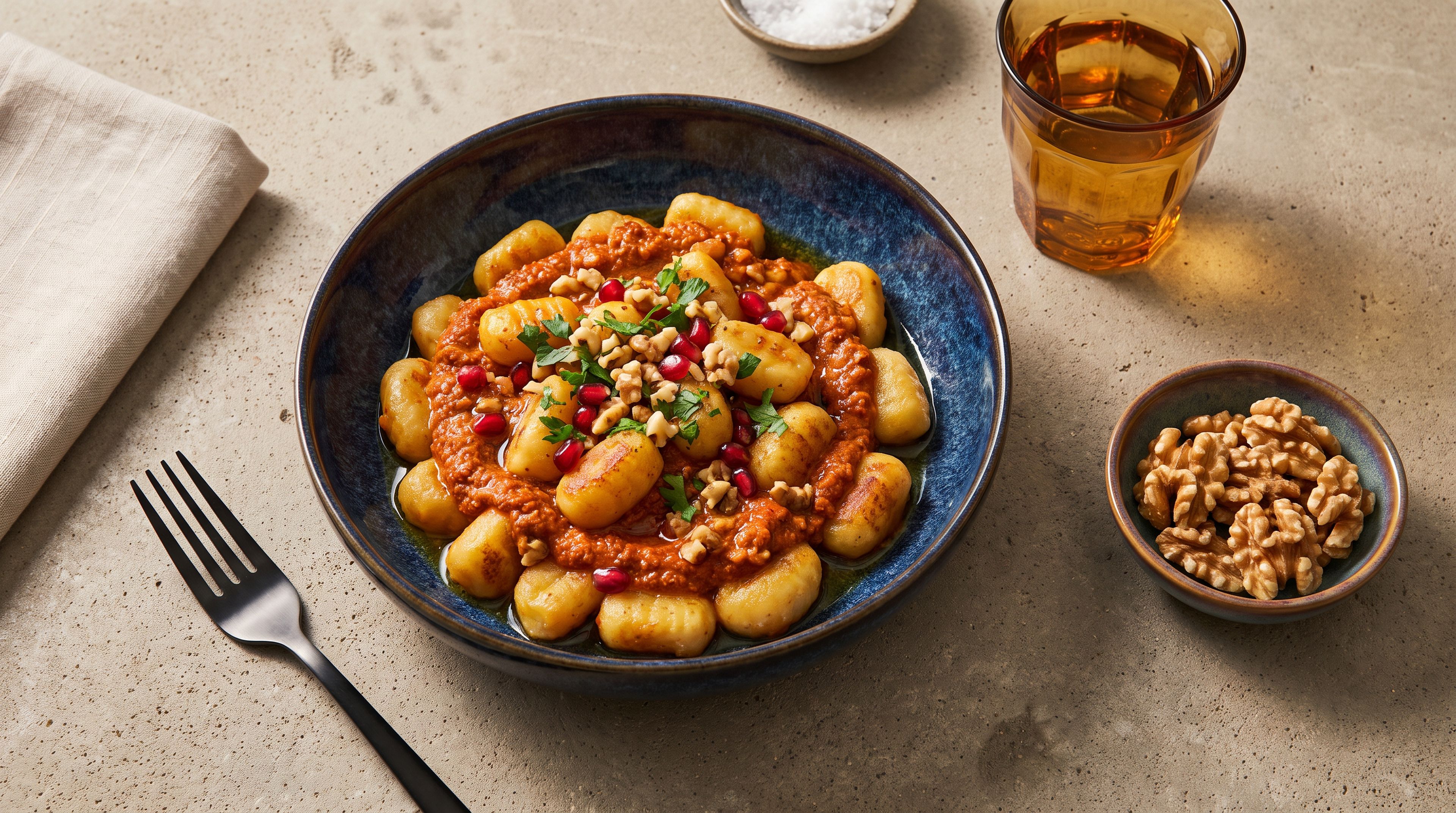 Vegane Muhammara-Gnocchi mit gerösteter Paprika und Walnüssen