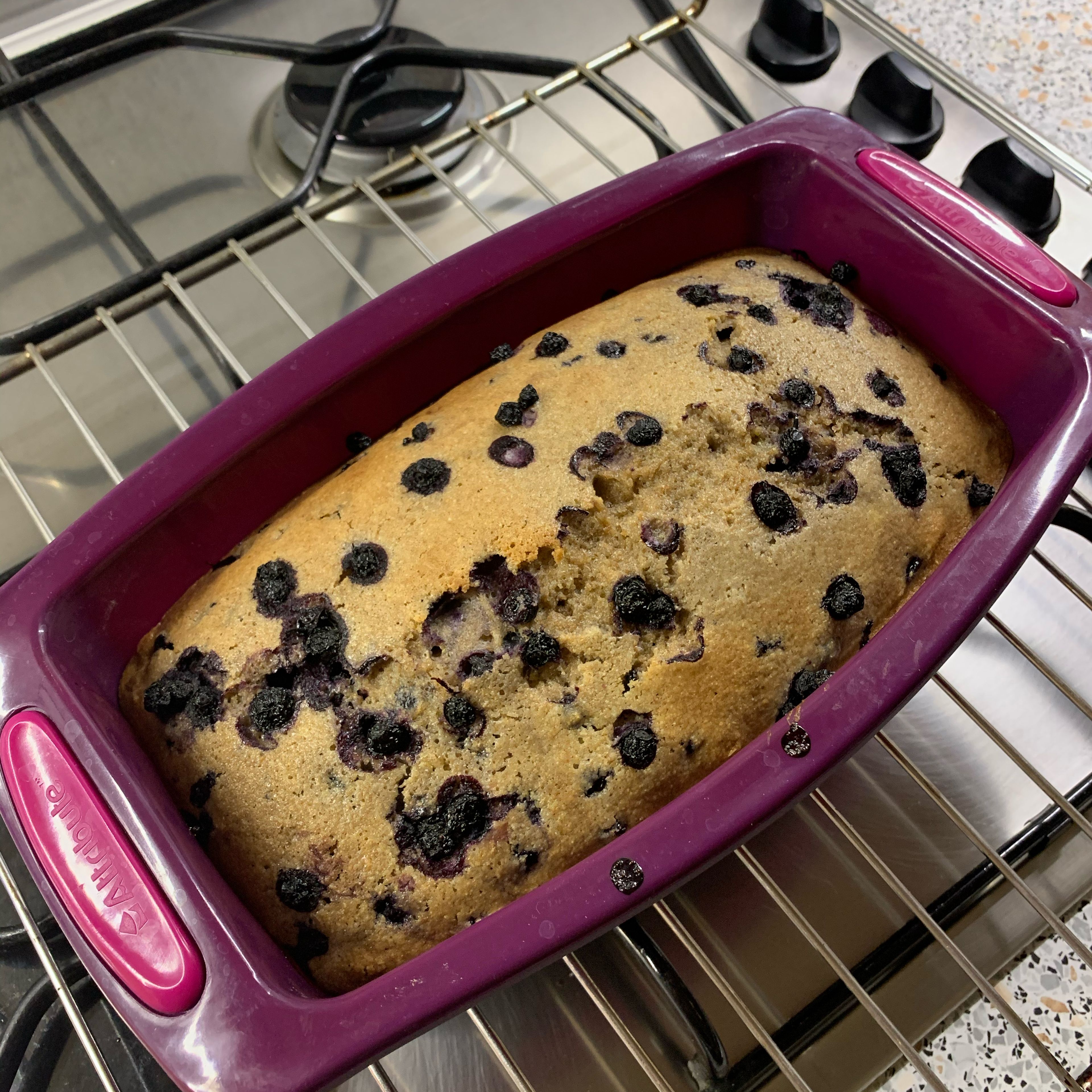 Pour the whole mixture in the bread mold and in the oven 180°C/360°F for 15 min. Then put on top remaining 50g of blueberries and coat the mold with foil and put again in the oven for 25 min. Use toothpick to check it.