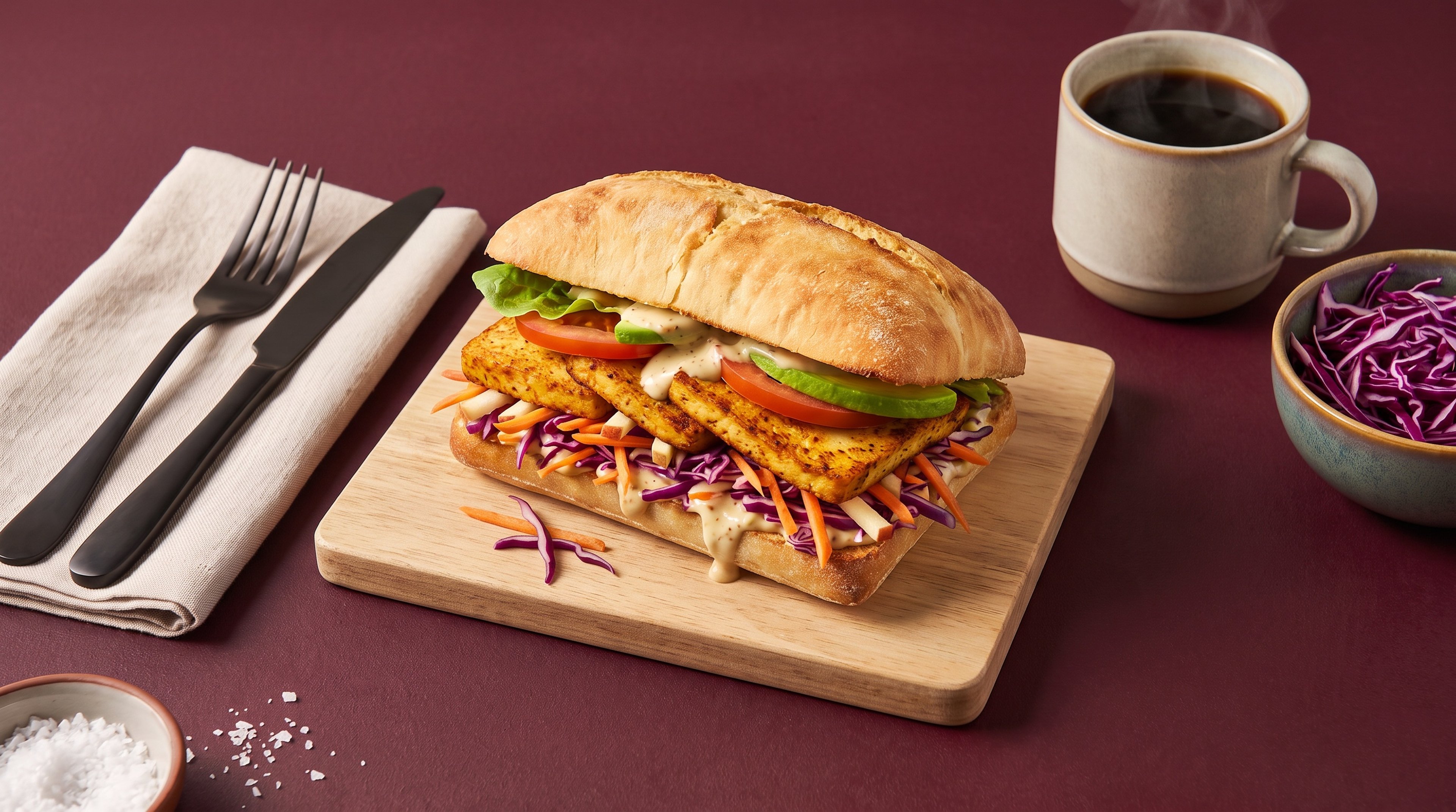 Buntes Sandwich mit knusprigem Tofu und frischem Rotkohlsalat