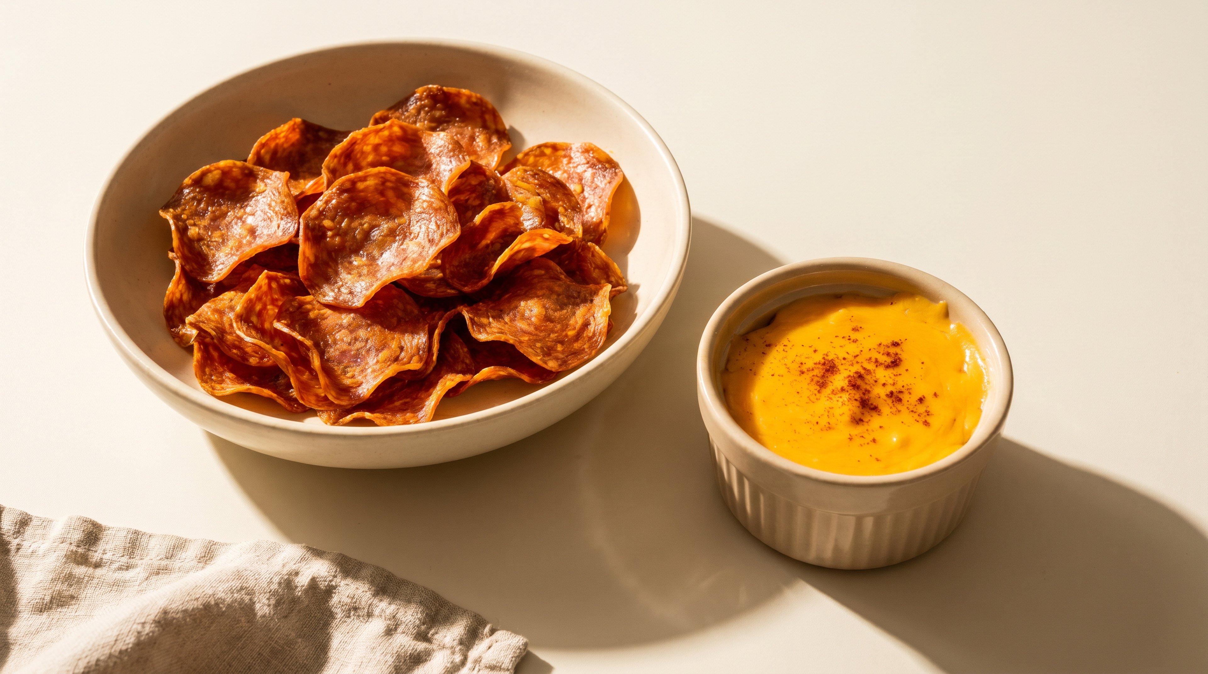 Knusprige Salami-Chips mit cremigem Cheddar-Dip