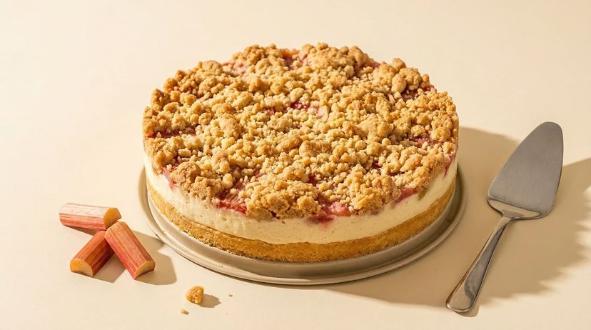 Rhabarberkuchen mit Vanillepudding und knusprigen Streuseln