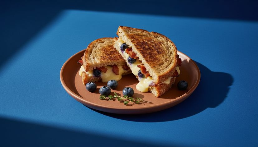 Knuspriges Grilled Cheese aus der Pfanne mit Blaubeeren und Bacon