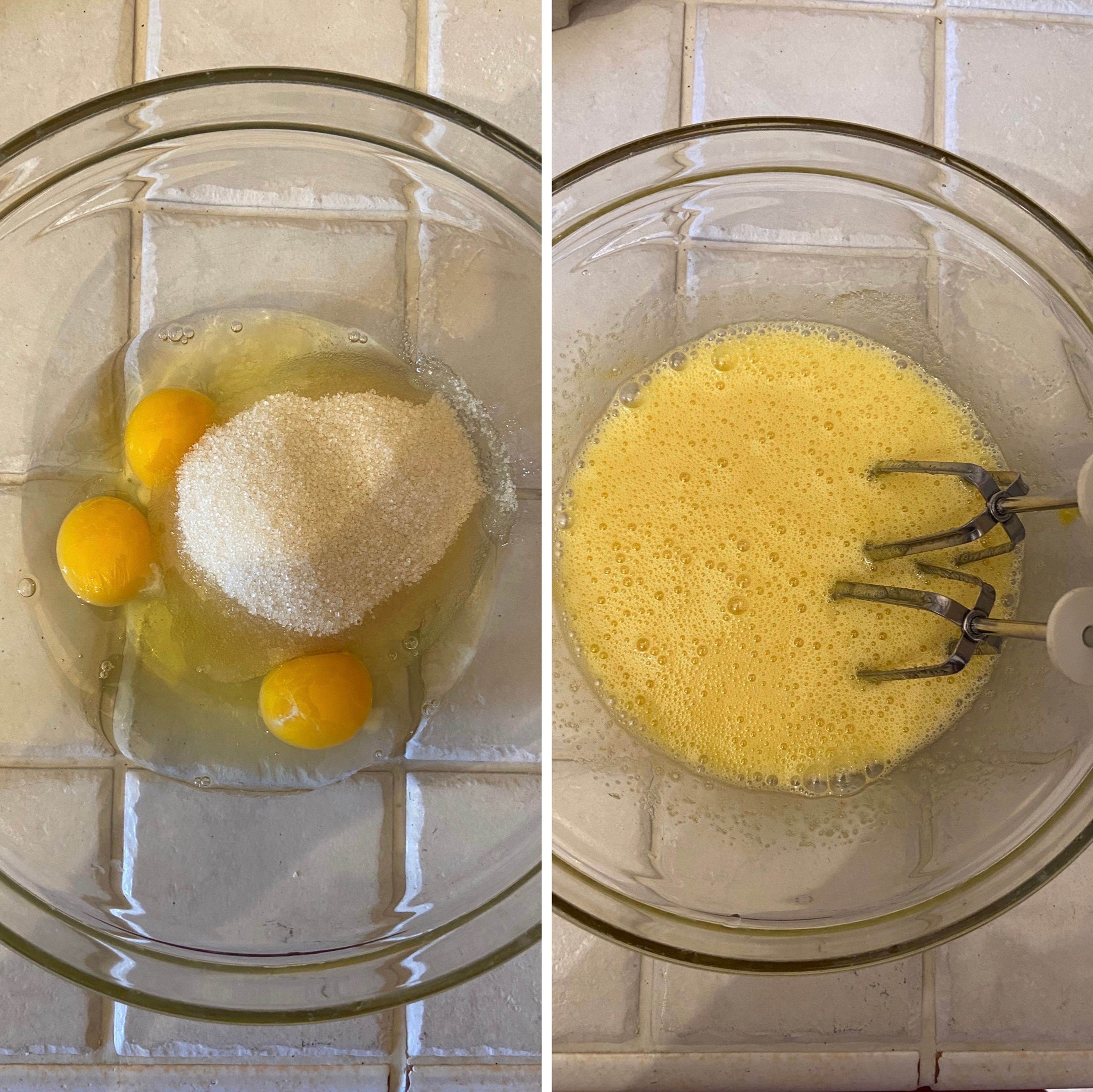 Add eggs and sugar to a bowl, then start mixing the ingredients with a stand mixer with whisk (or simply a whisk).