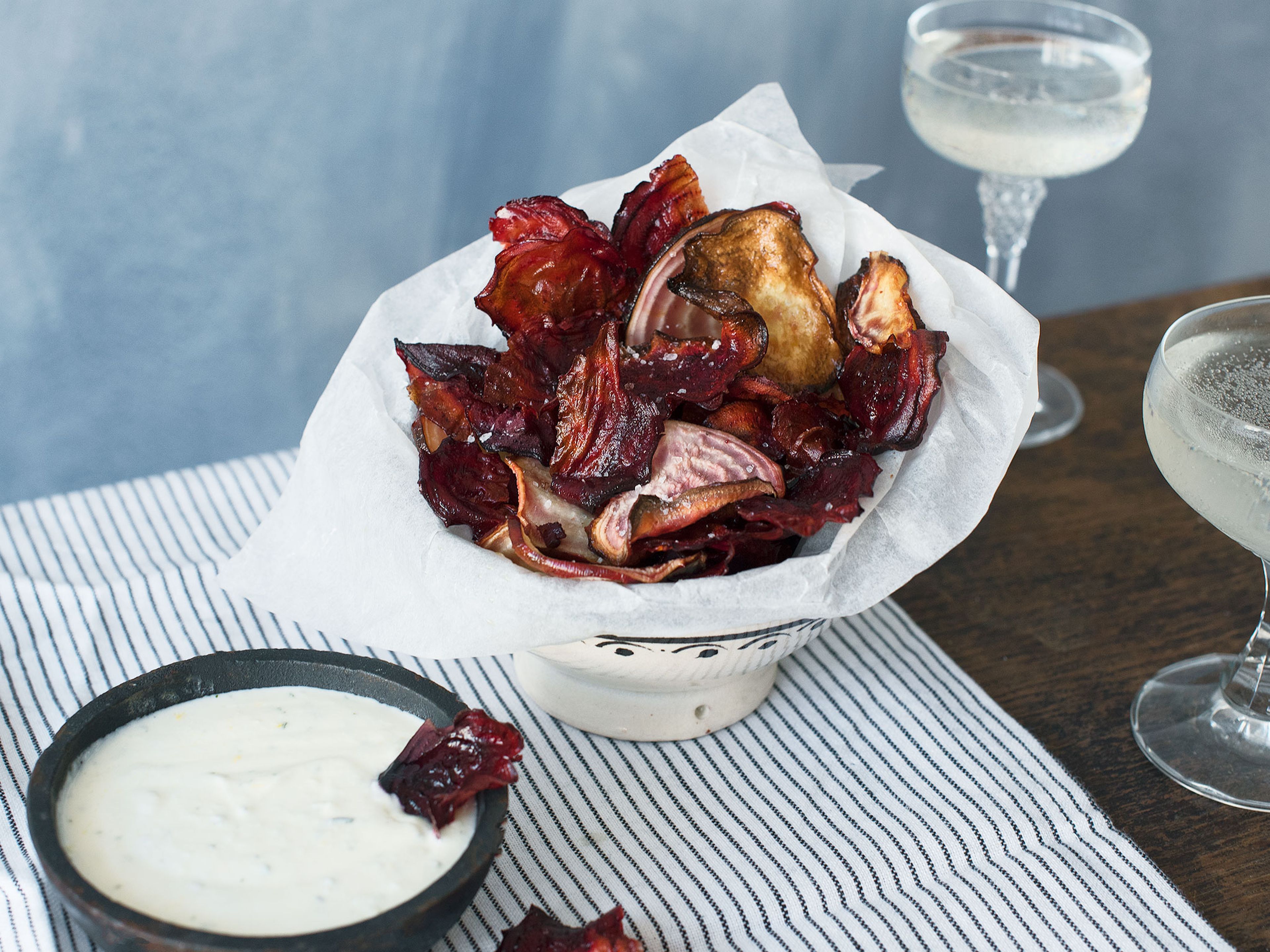 Beet chips with feta-yogurt dip