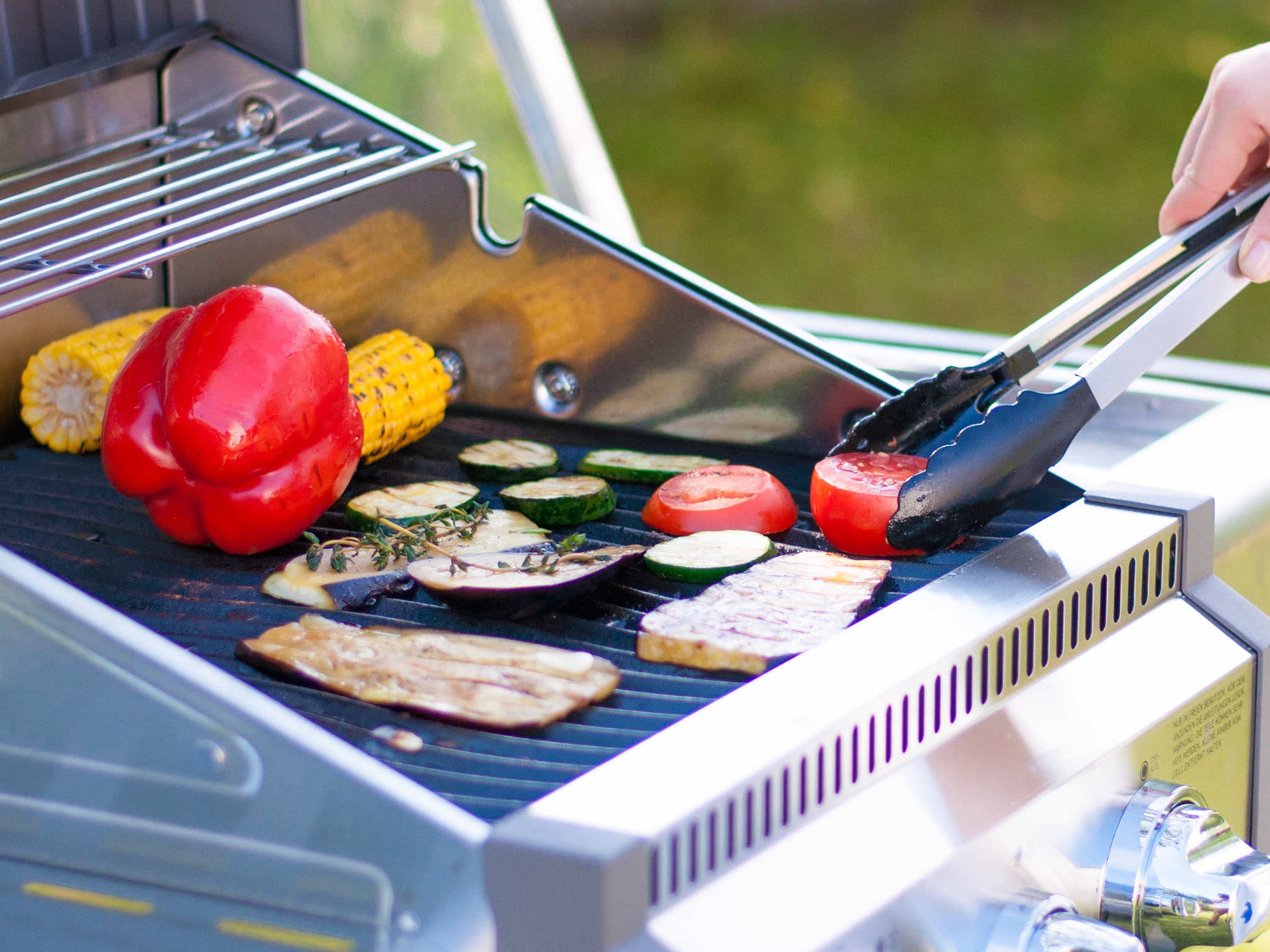 Place vegetables on the hot grill and season again with salt. Grill for approx. 10 – 15 min. turning occasionally. Remove corn, eggplant, zucchini and tomato from direct heat and finish cooking for another 2 – 5 min. Serve with some butter and yogurt dips to taste.