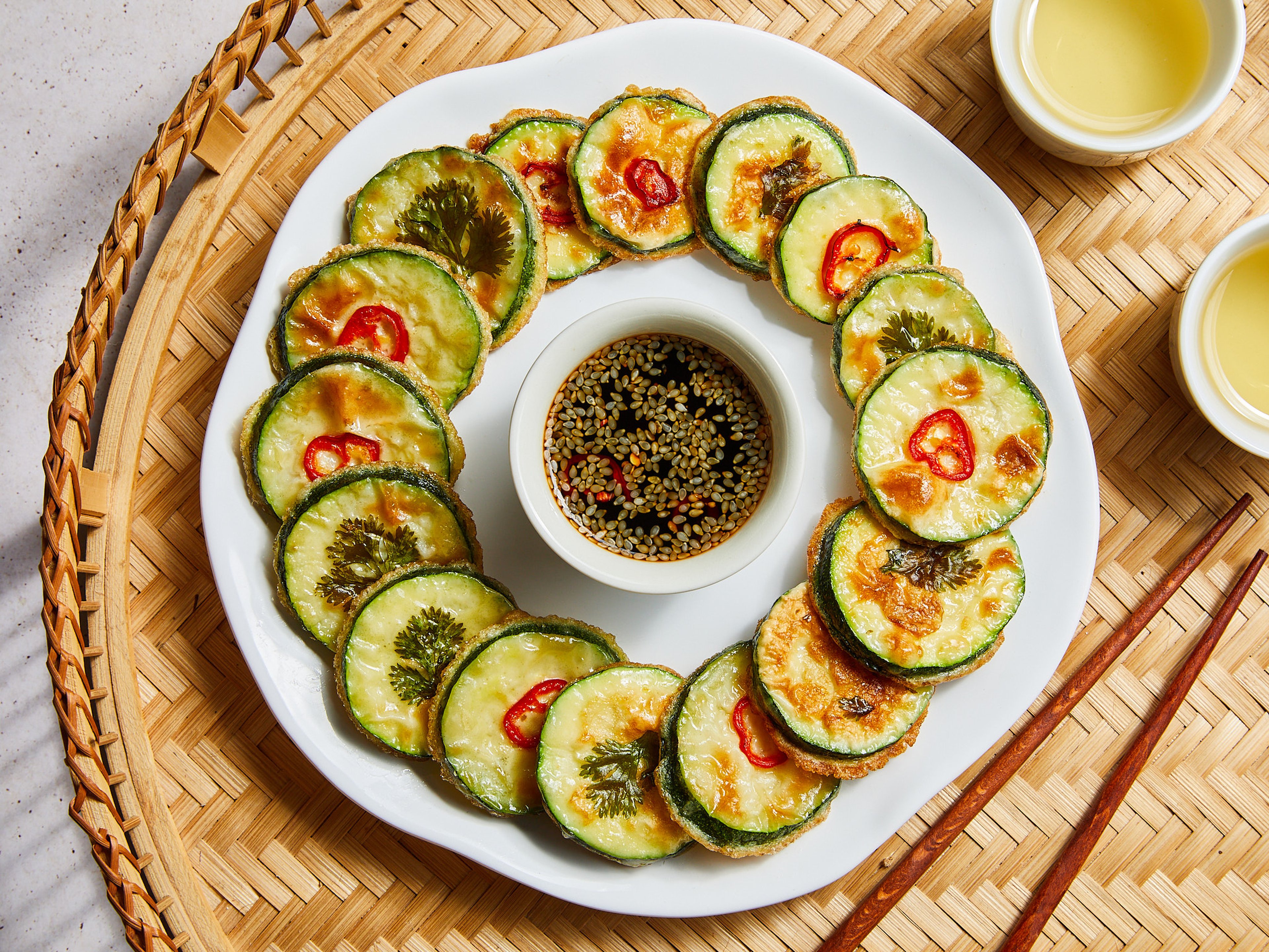 Korean pan-fried zucchini coins (aehobak-jeon)