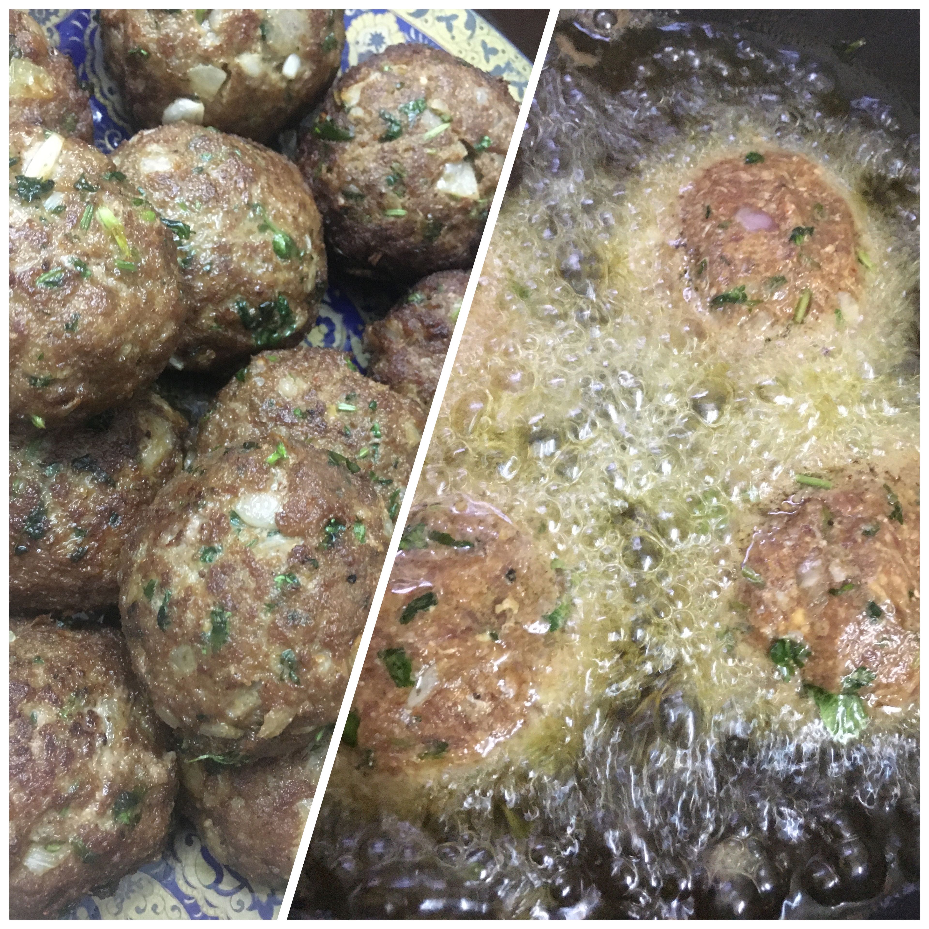 Heat the oil in a large skillet and fry the meatballs in batches,when the meatball is golden brown and slightly crispy remove from the oil and drain on paper towel.
