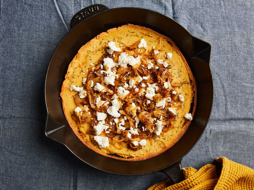 Chickpea pancake with caramelized onion and feta