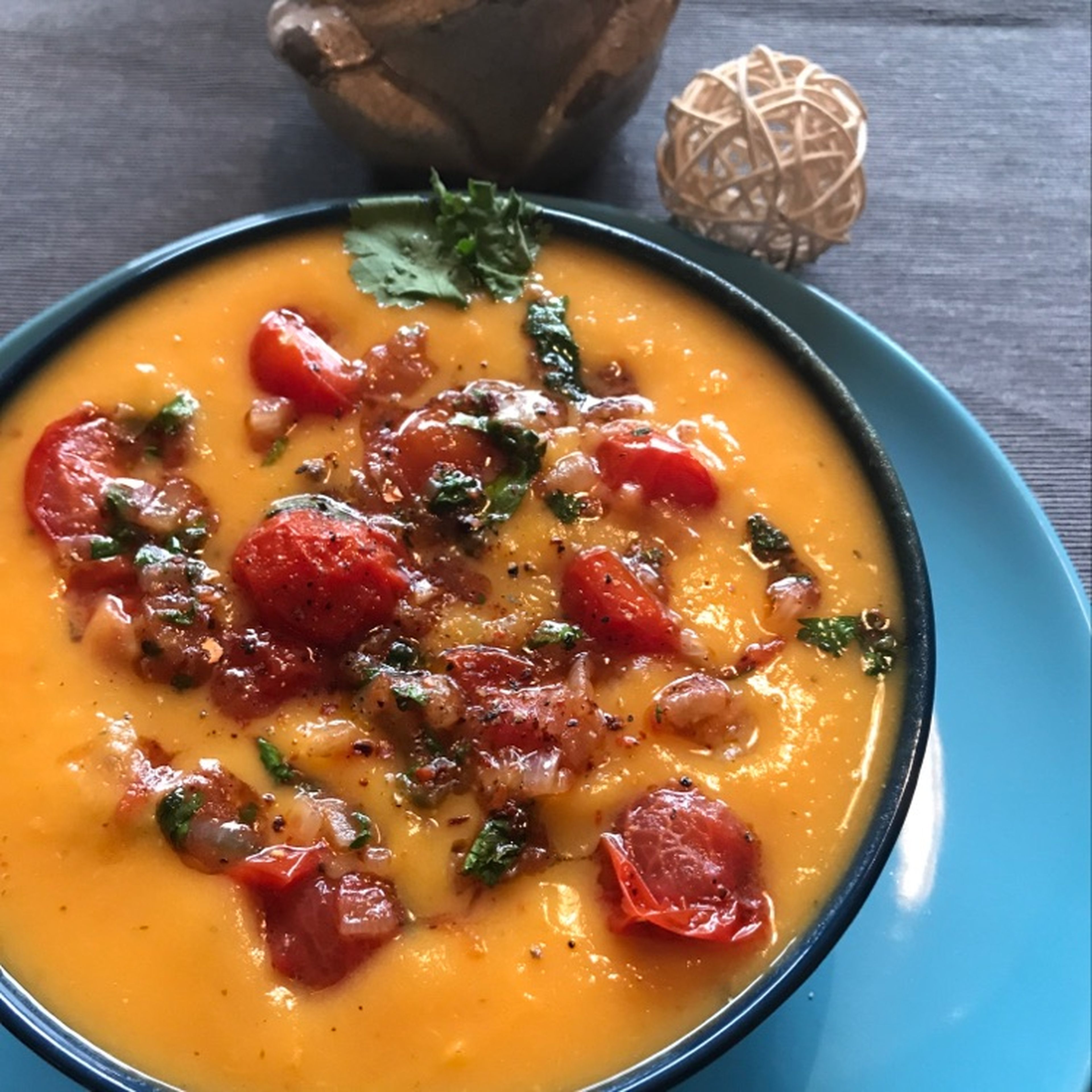 Sweet potato soup with chili tomatoes