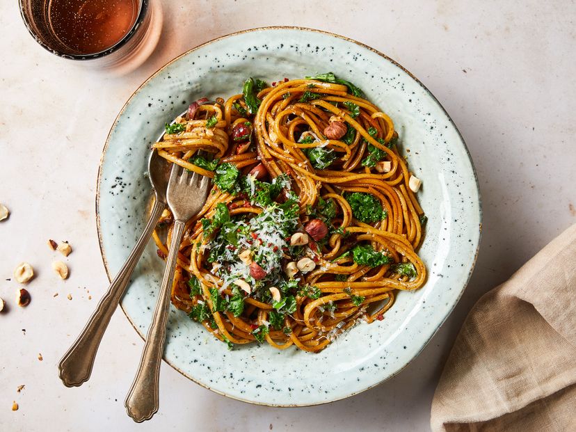 Winter pasta with brown butter, hazelnuts, and kale