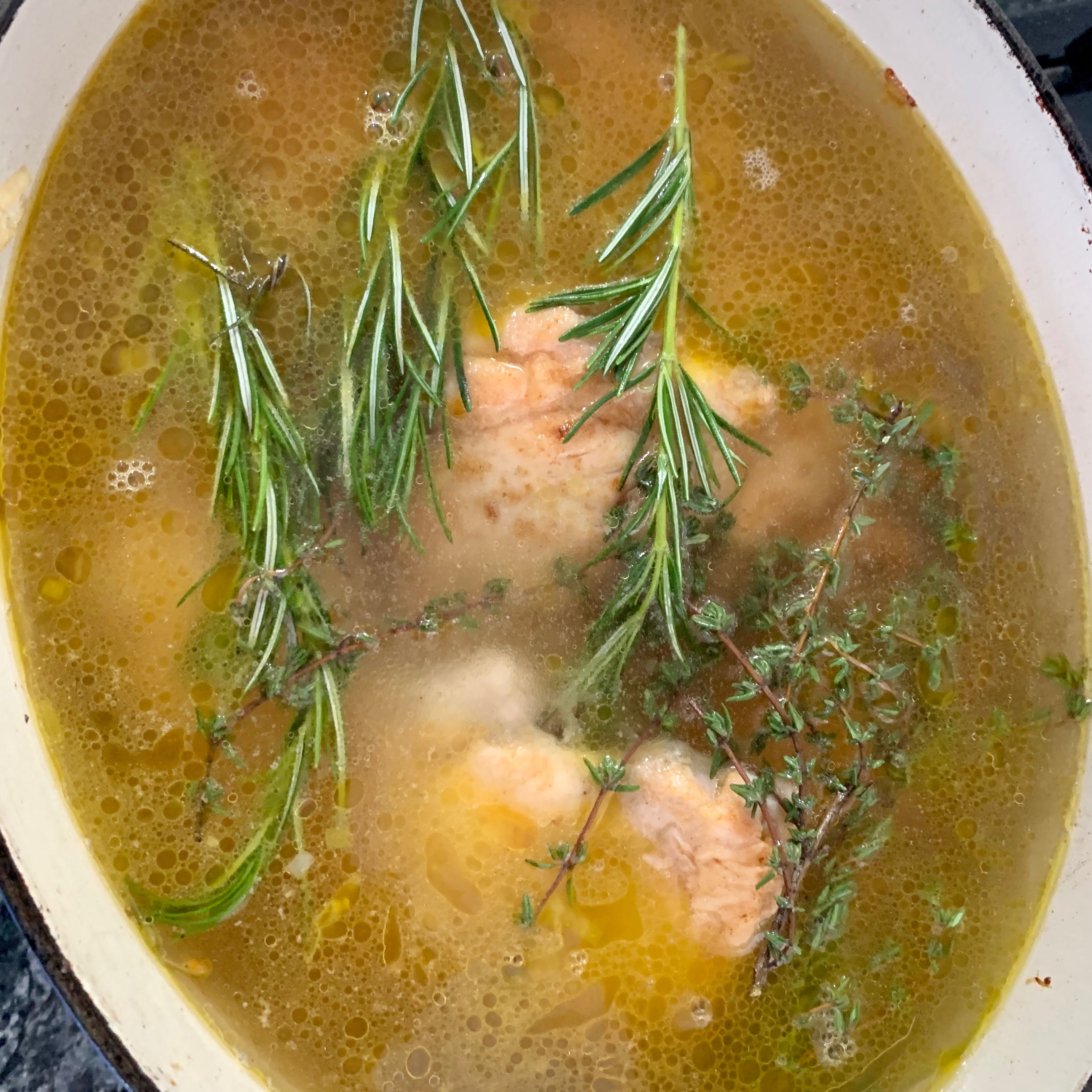 Pour in 1 litre of chicken stock and 1 litre of water with your rosemary and thyme including 3 bay leaves, simmer on a low heat for around 45 mins then remove your chicken and shred it then add it back into the stock. Once this has been done your ready to enjoy your fresh chicken soup! Enjoy ❤️