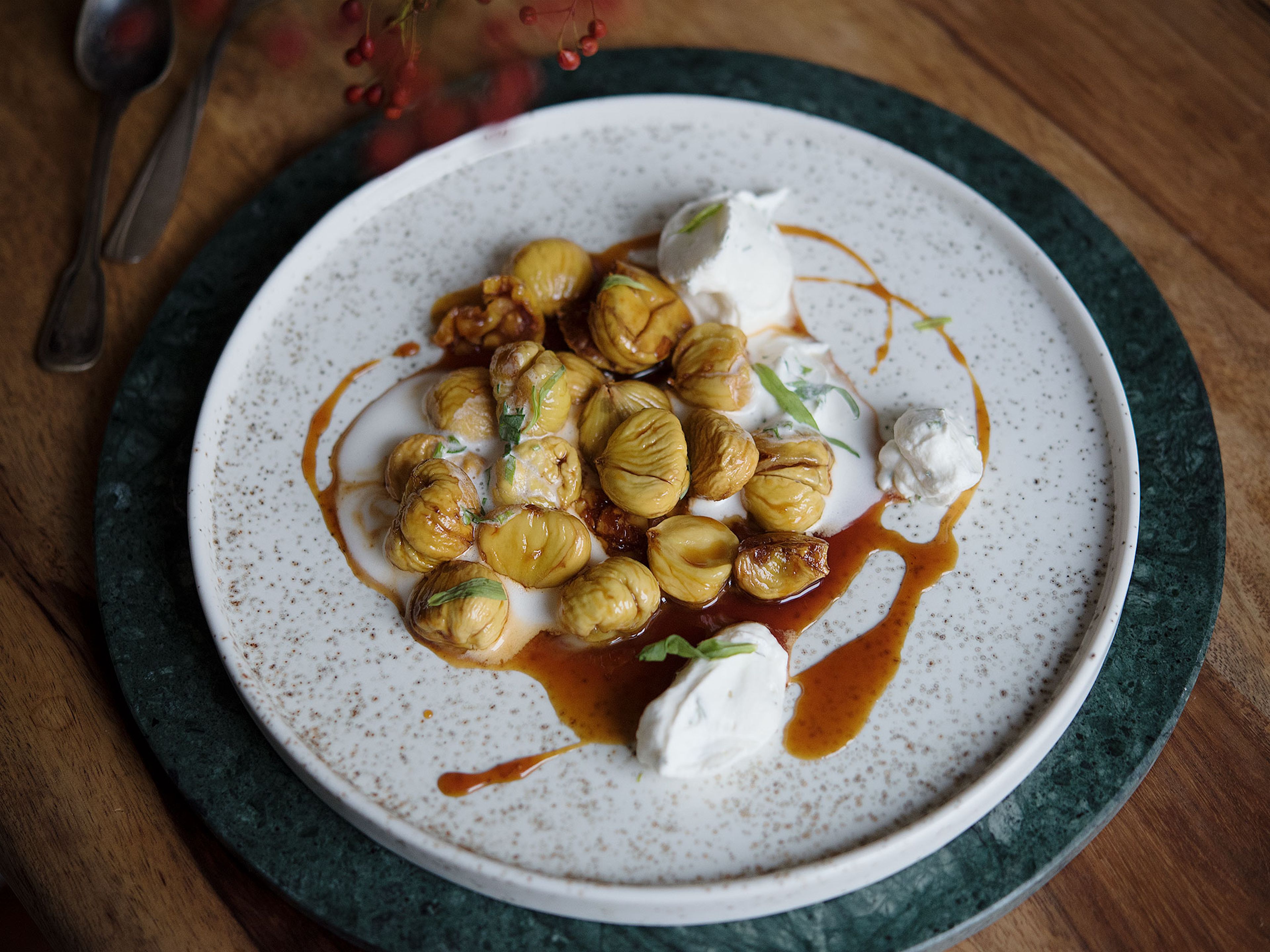 Glazed chestnuts with whipped sherry cream