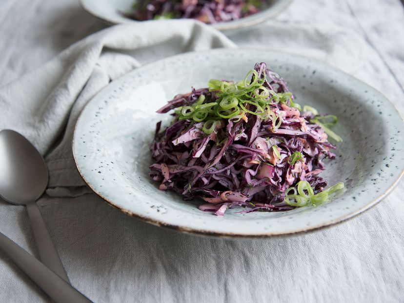 Red cabbage salad with creamy poppy seed dressing