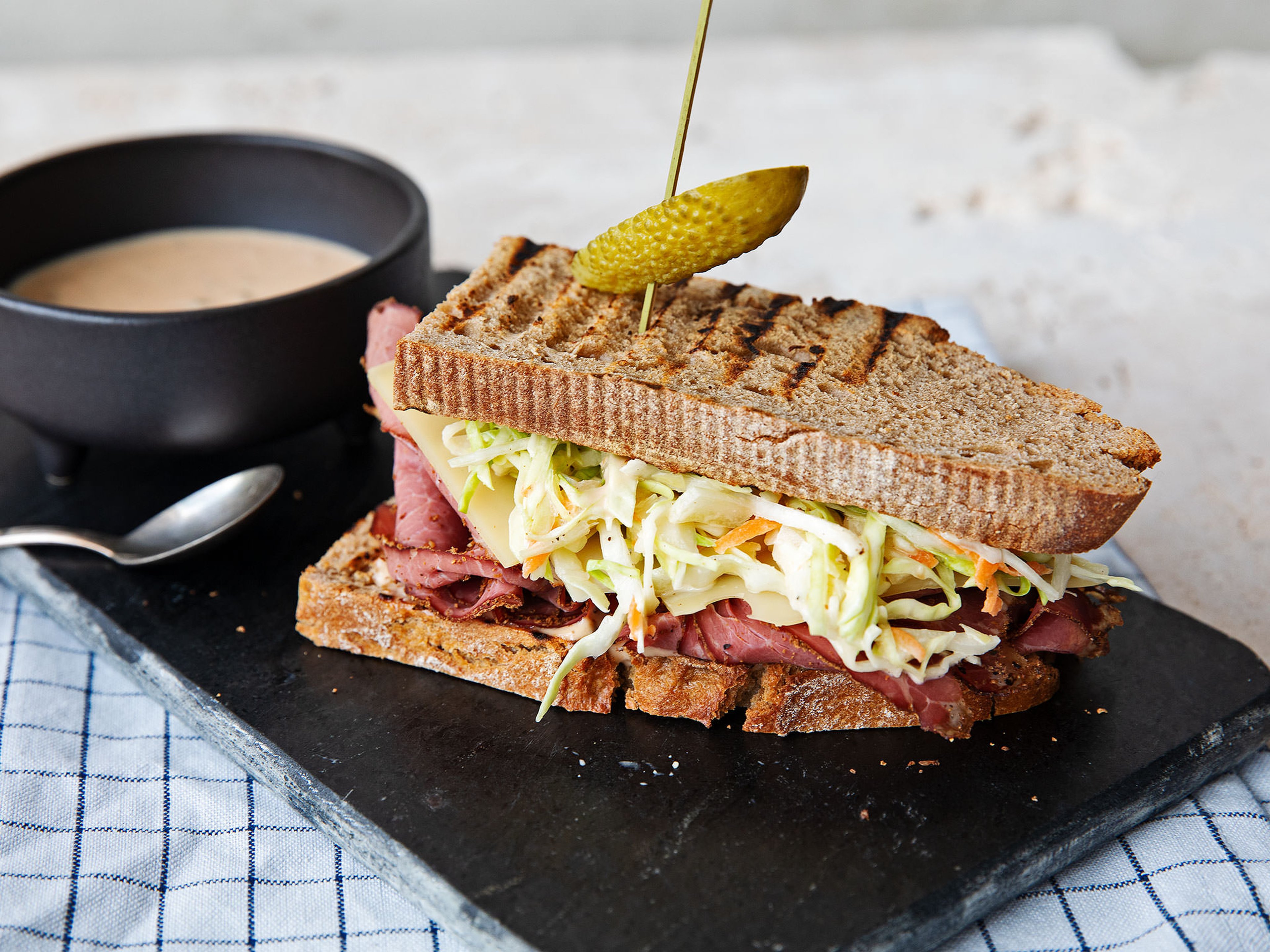 Reuben sandwich with pastrami and coleslaw