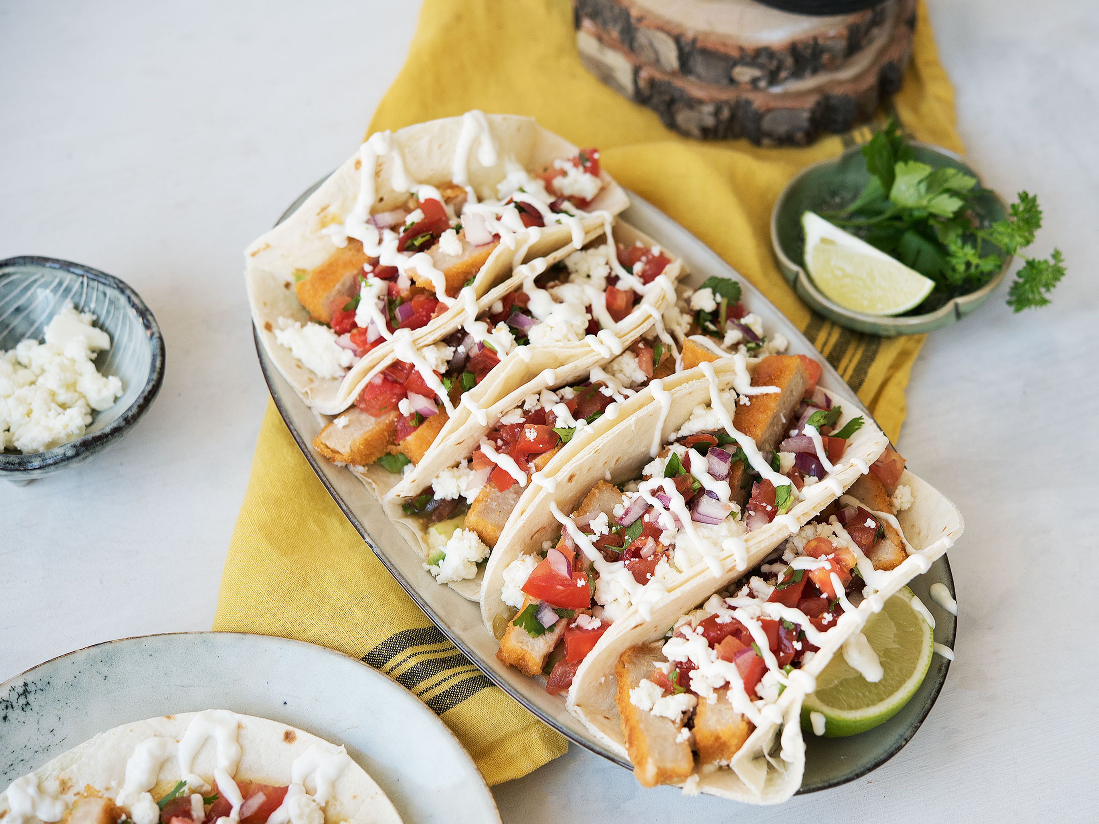 Vegetarian tacos with lime-yogurt dip