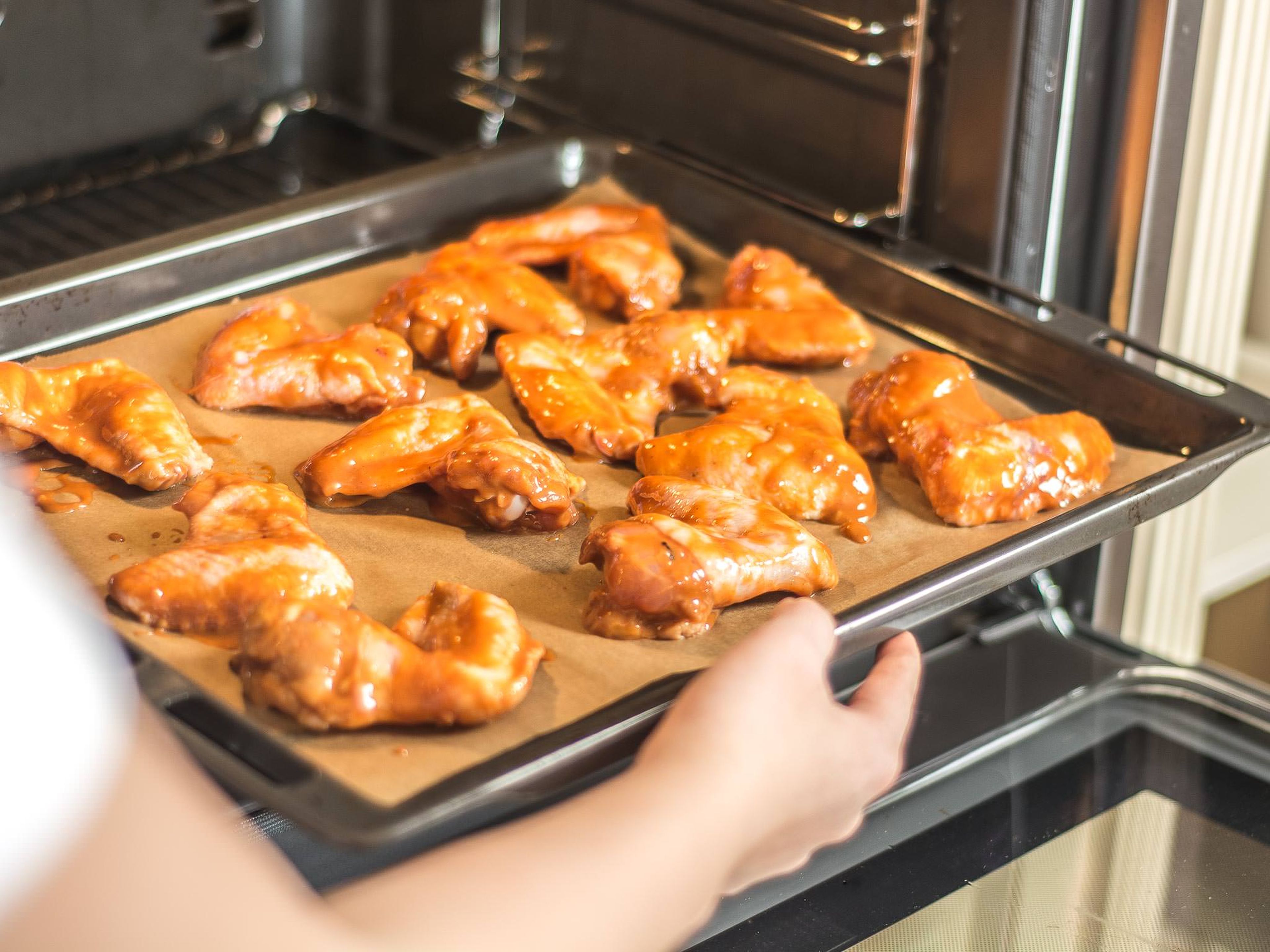 Bake in a preheated oven at 180°C/355°F for approx. 30 min until golden. Turn the wings after 15 min., so that they can brown evenly on both sides. Serve with a variety of dips, as desired.