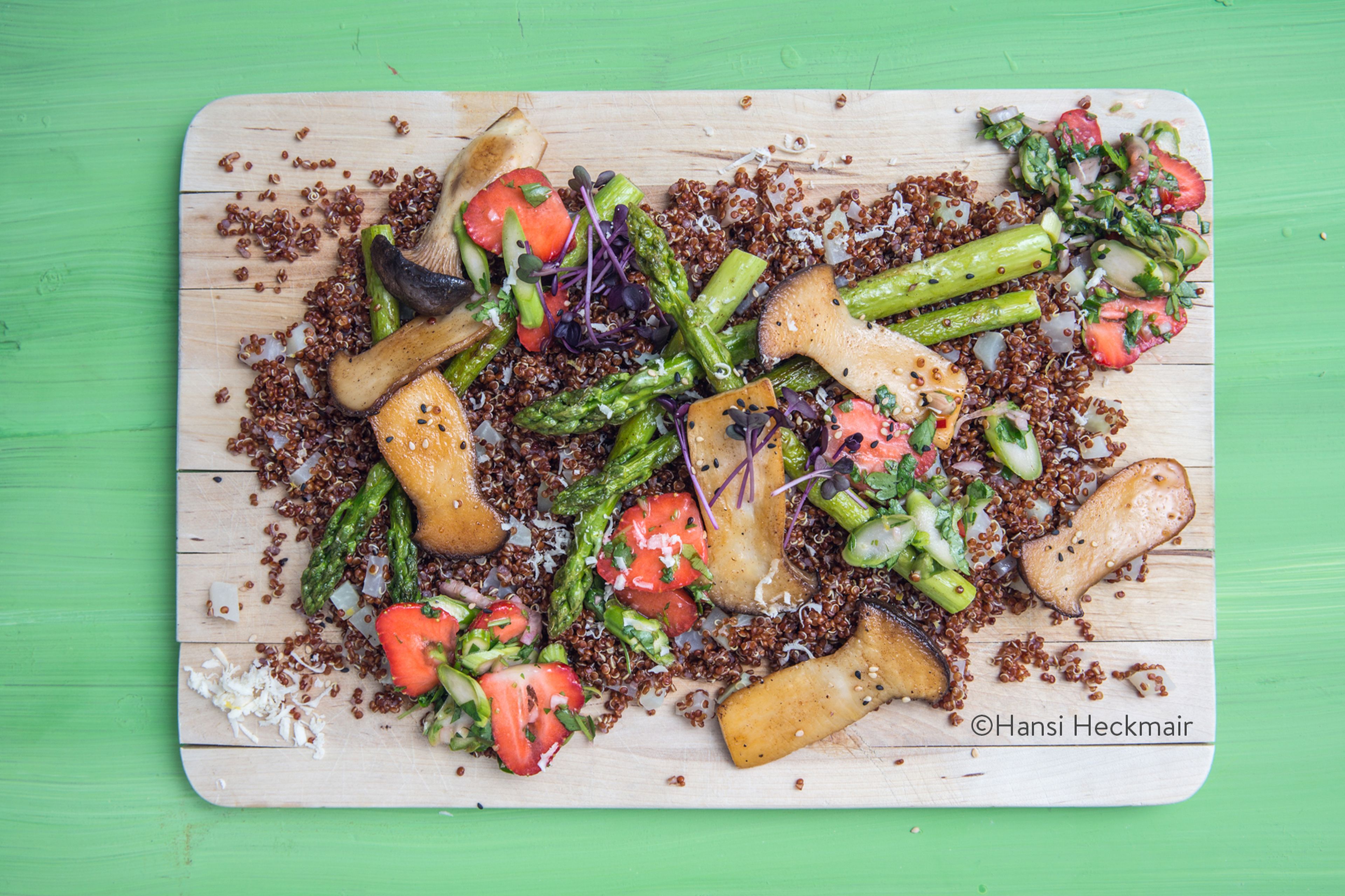 Quinoa salad with king oyster mushrooms, asparagus, and strawberries