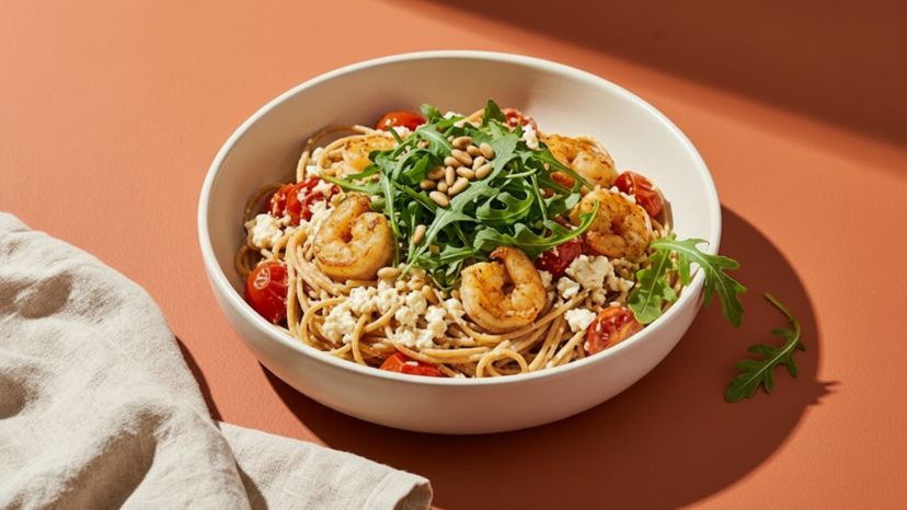 Schnelle Knoblauch-Feta-Pasta mit Garnelen und Rucola