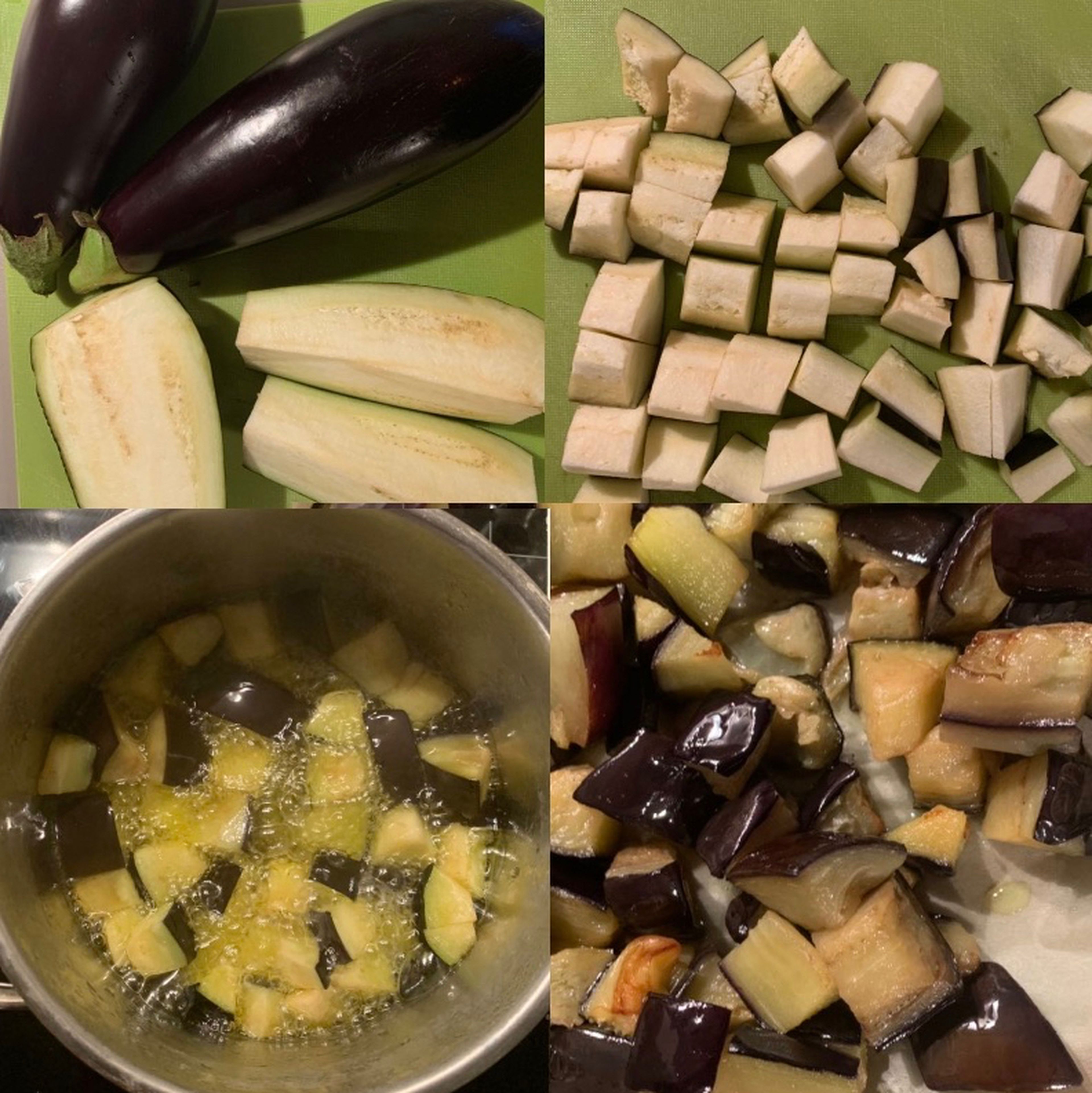 Wash and cut the eggplants into small pieces. Add a good amount of olive oil into a pot. When the oil is hot, add the eggplants in small doses. Deep fry them for 4/5 minutes until golden. Drain the fried eggplants and place them over a plate covered with baking paper to assorbe the oil in excess.