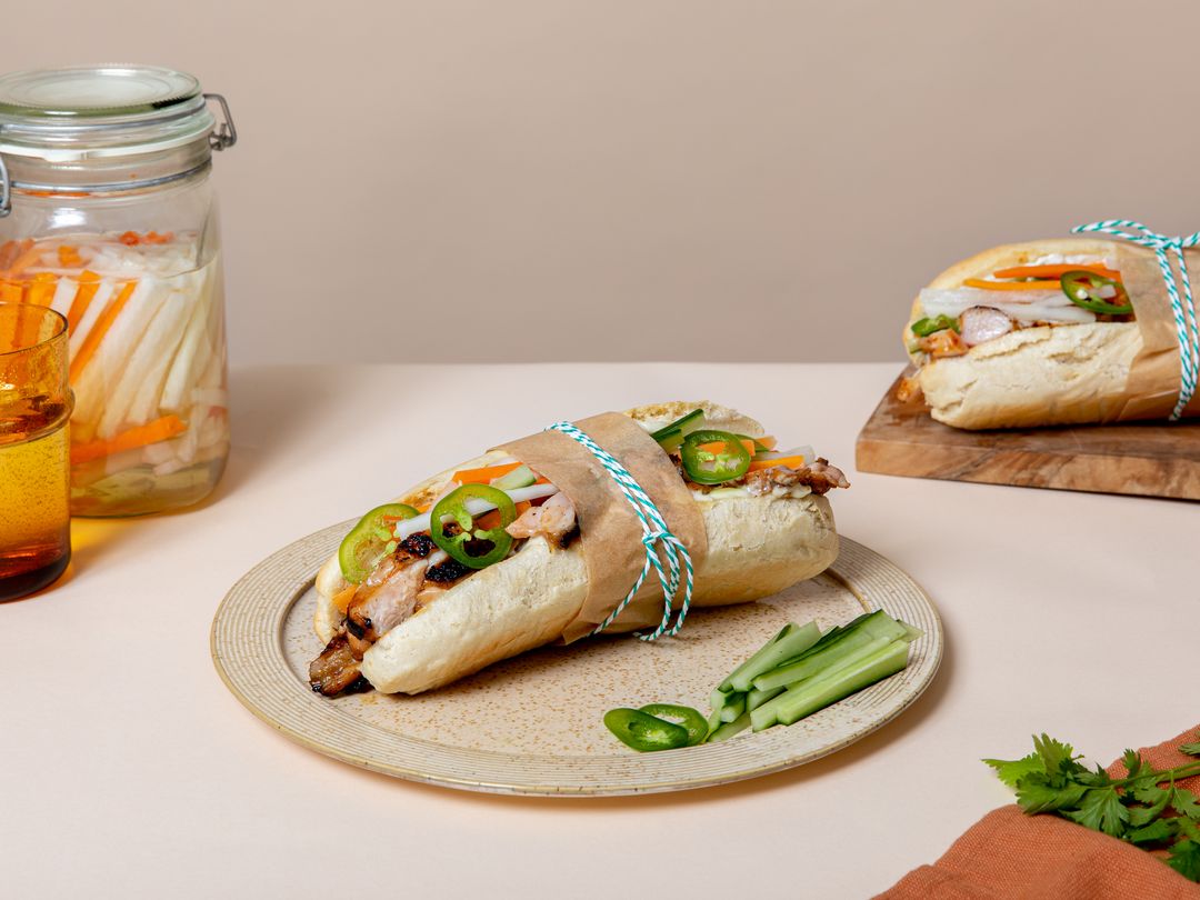 Grilled chicken banh mi with pickled carrots and daikon radish