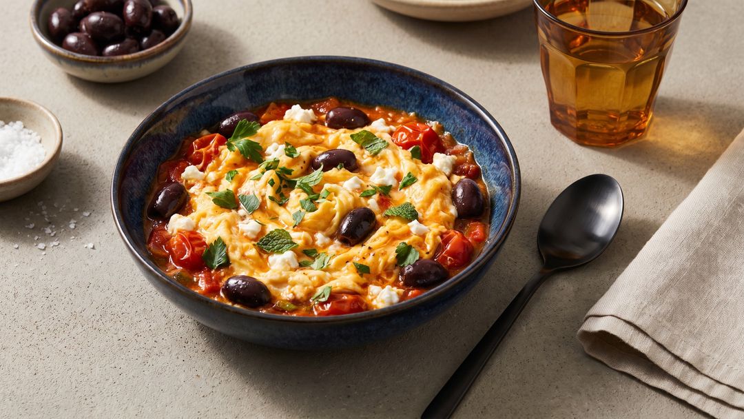 Ein türkischer Frühstücksklassiker mit Twist: Menemen mit Feta und Oliven